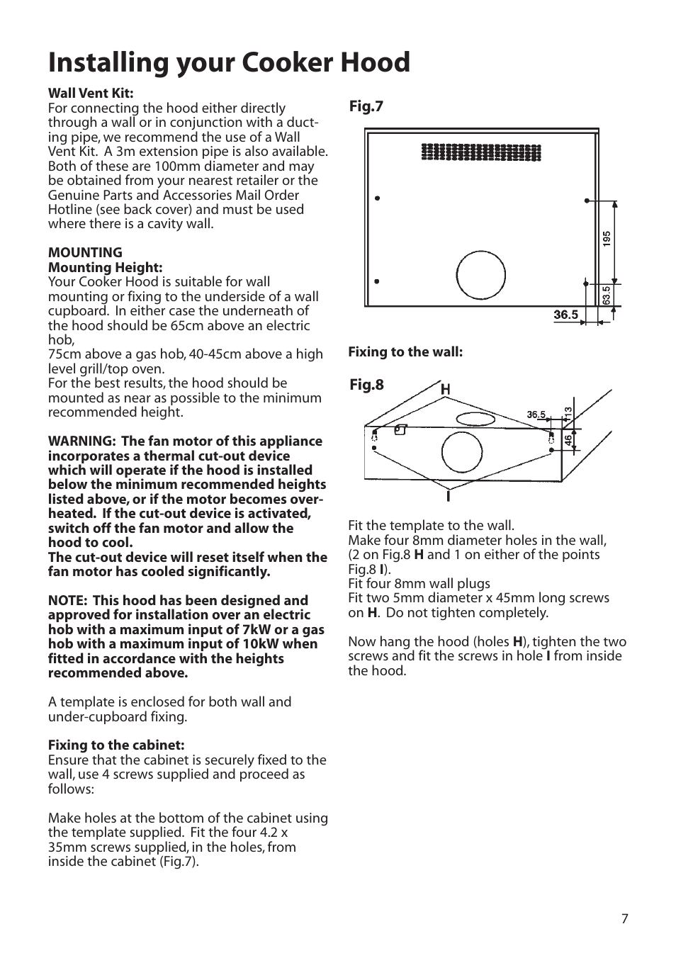 Installing your cooker hood | Hotpoint LI2I3A User Manual | Page 7 / 12