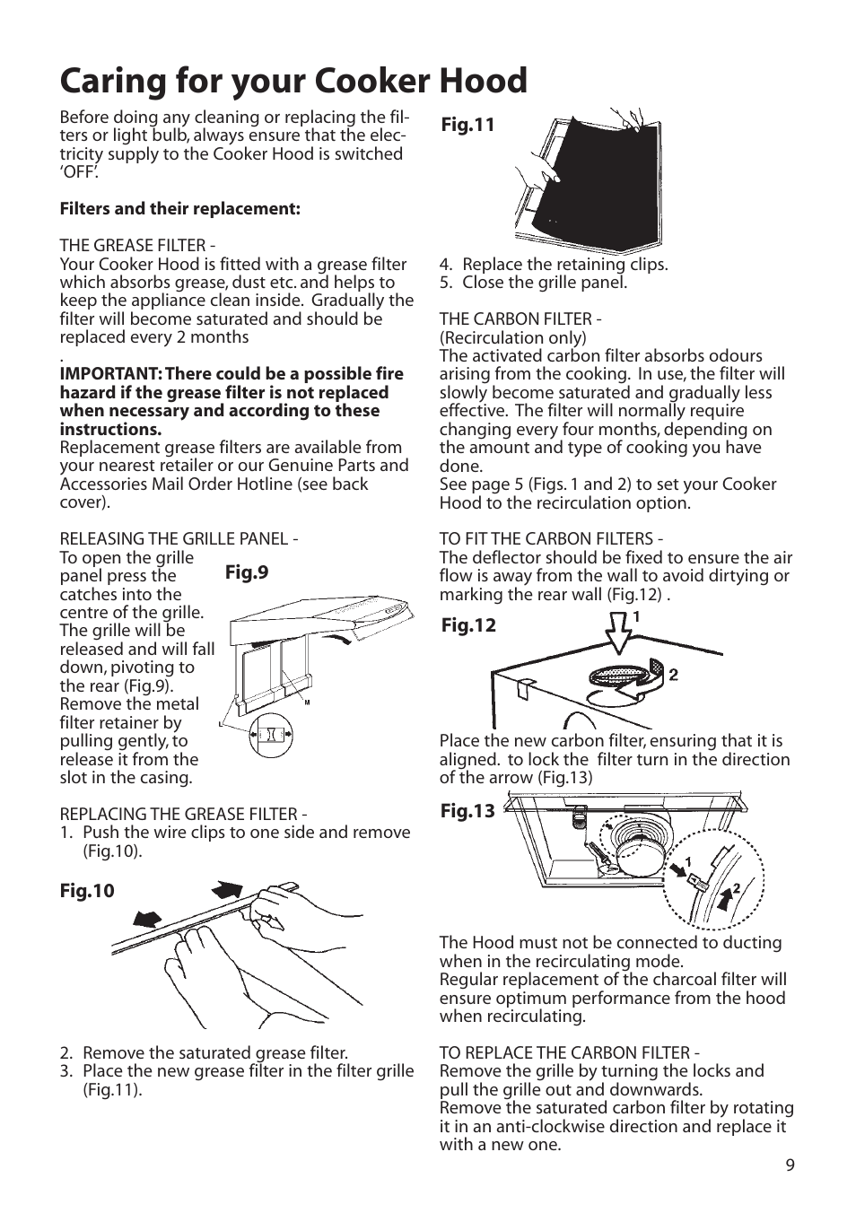Caring for your cooker hood | Hotpoint LI2I3A User Manual | Page 9 / 12