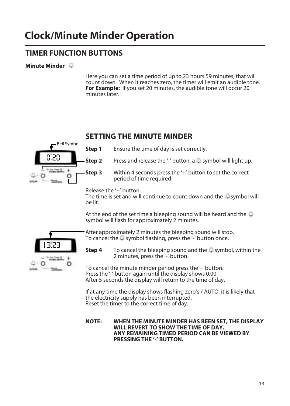 Clock/minute minder operation, Timer function buttons, Setting the minute minder | Hotpoint EW72 User Manual | Page 13 / 40