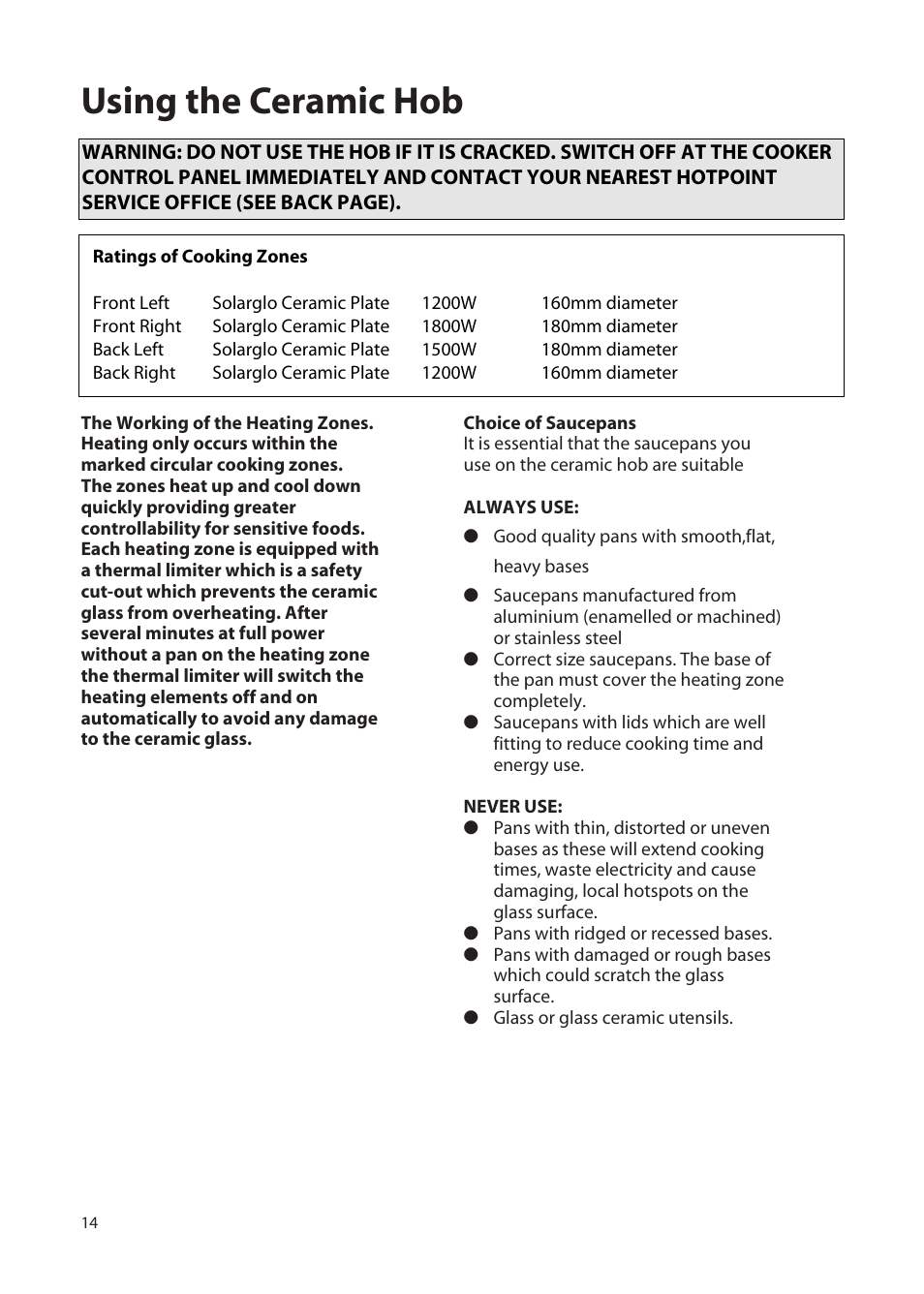 Using the ceramic hob | Hotpoint EW72 User Manual | Page 14 / 40