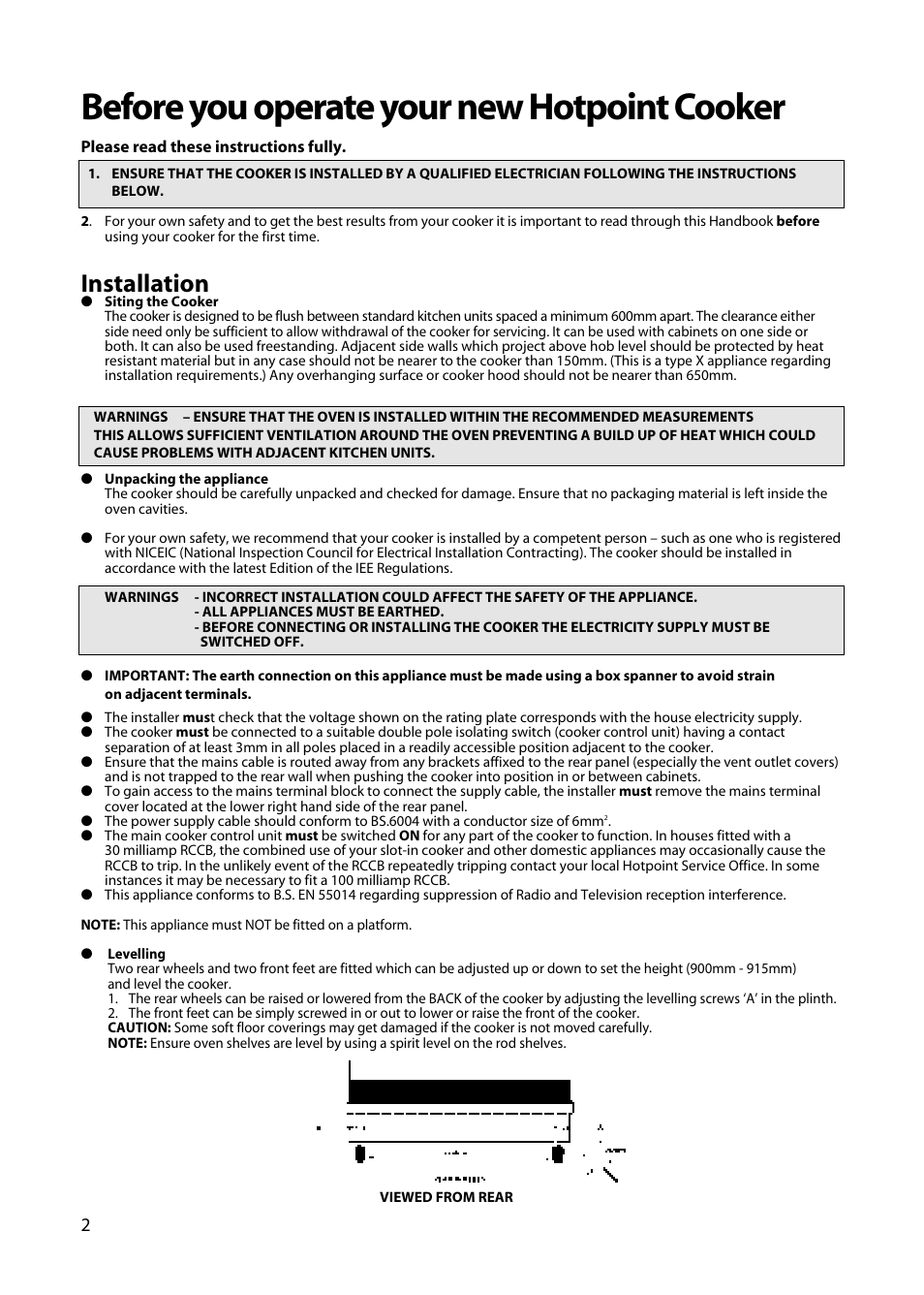 Before you operate your new hotpoint cooker, Installation | Hotpoint EW72 User Manual | Page 2 / 40