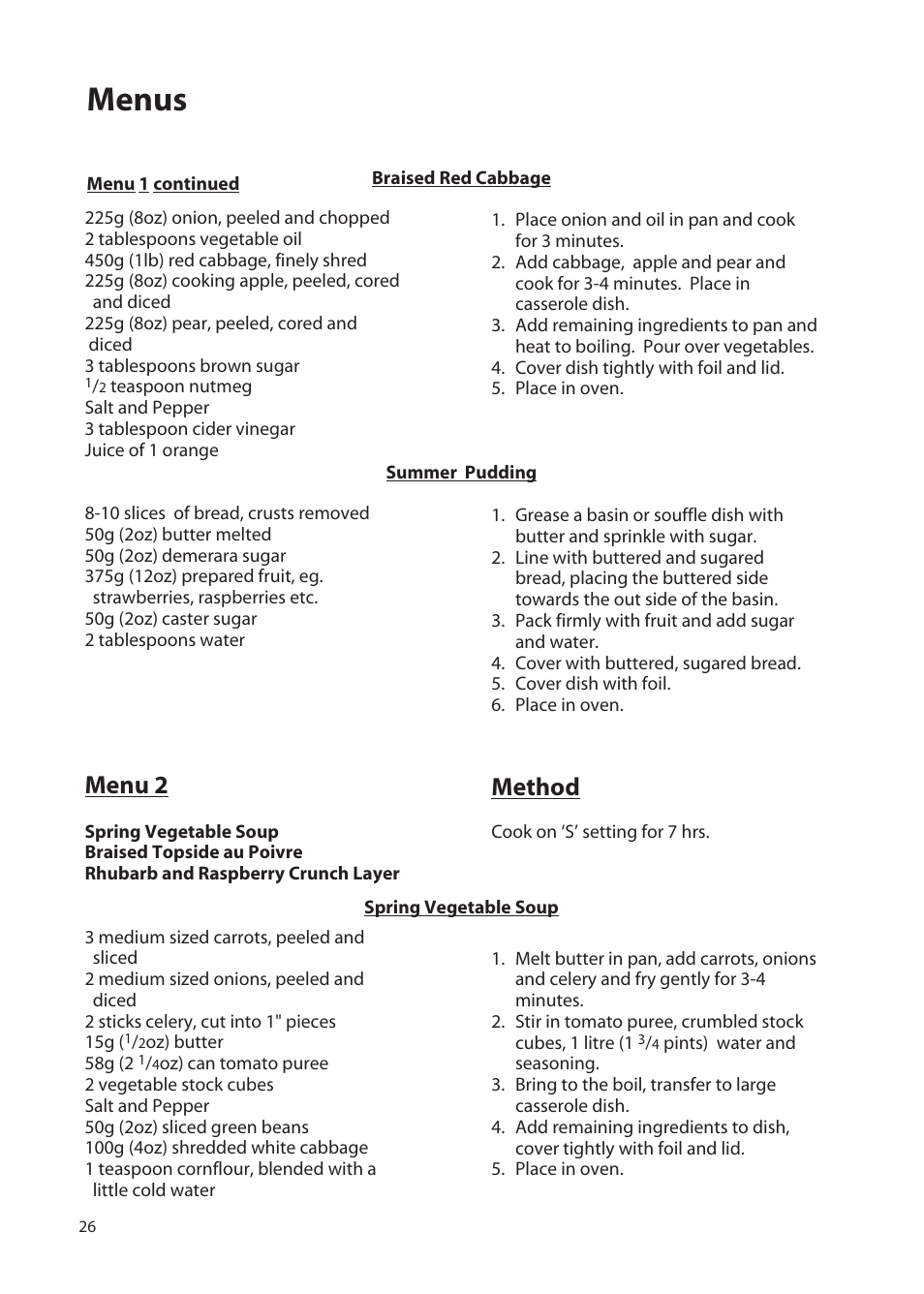 Menus, Menu 2, Method | Hotpoint EW72 User Manual | Page 26 / 40
