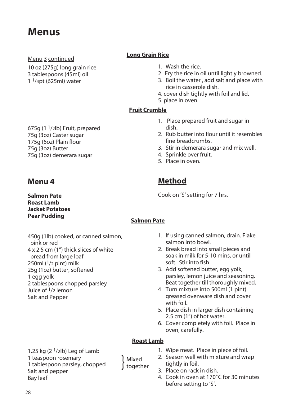 Menus, Menu 4, Method | Hotpoint EW72 User Manual | Page 28 / 40