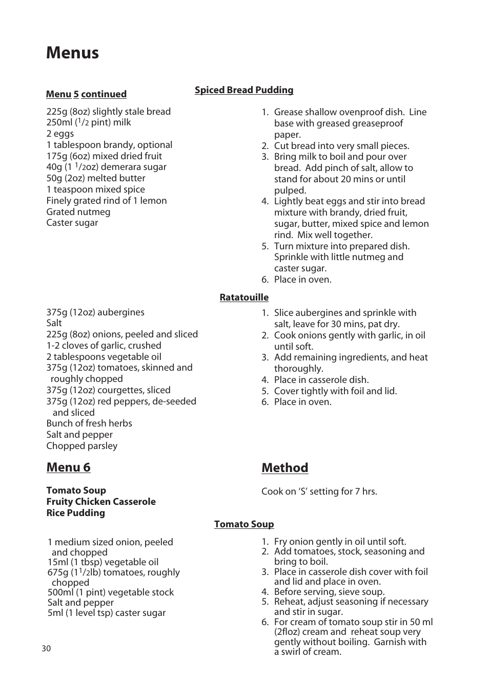 Menus, Menu 6, Method | Hotpoint EW72 User Manual | Page 30 / 40