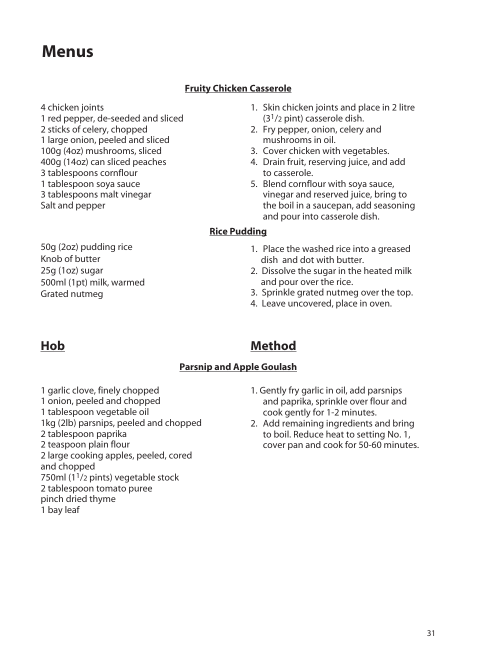 Menus, Method | Hotpoint EW72 User Manual | Page 31 / 40