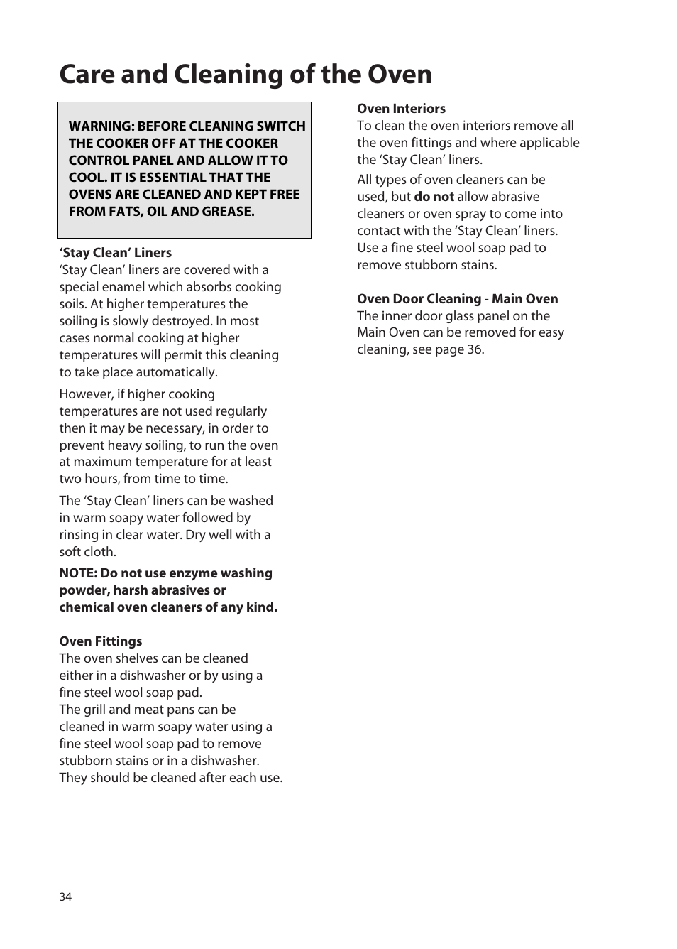 Care and cleaning of the oven | Hotpoint EW72 User Manual | Page 34 / 40