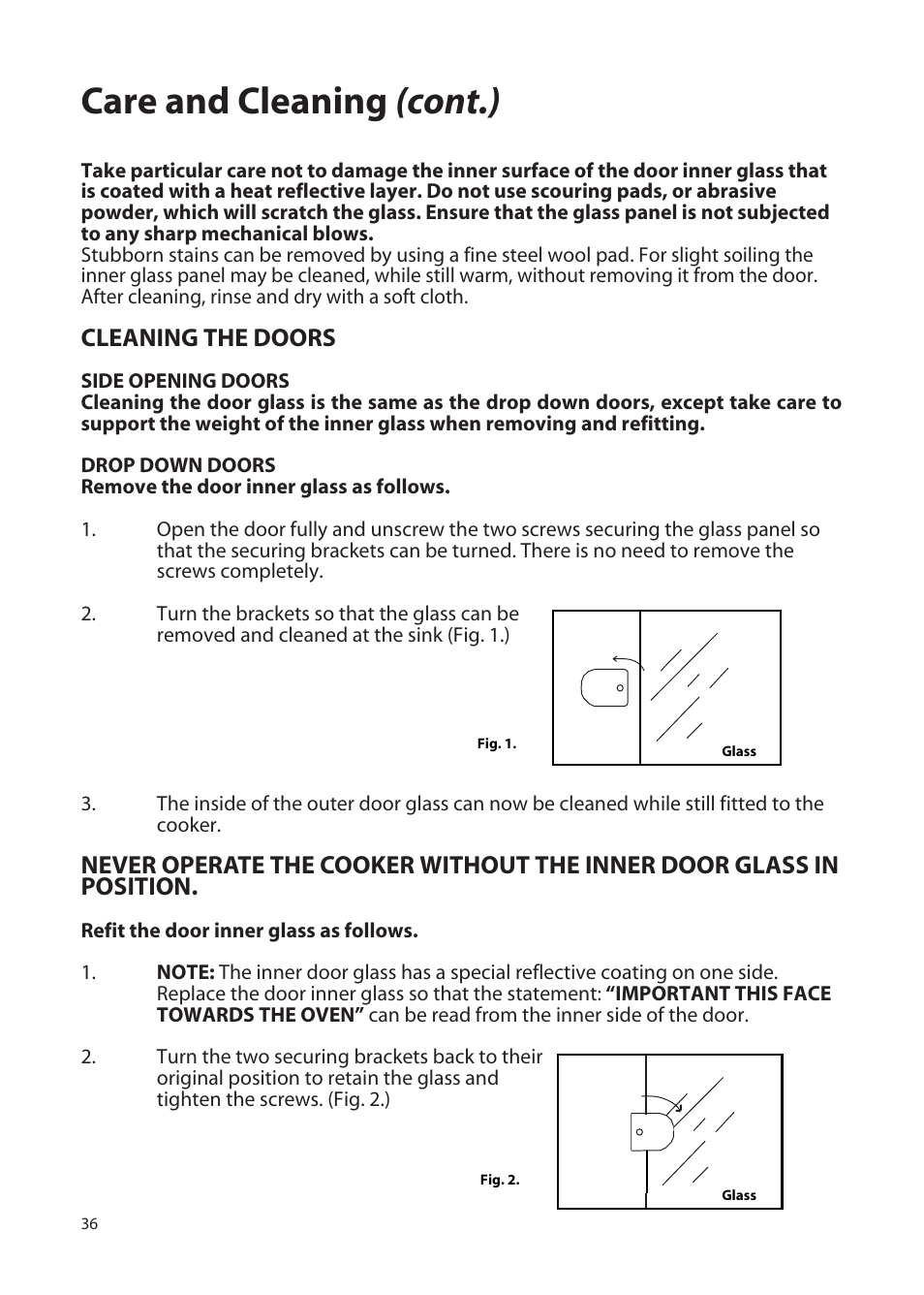 Care and cleaning (cont.), Cleaning the doors | Hotpoint EW72 User Manual | Page 36 / 40