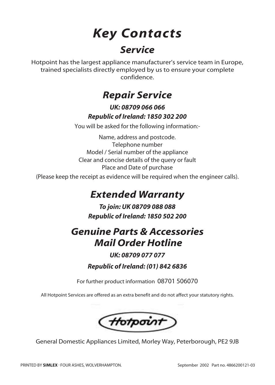 Key contacts, Service, Repair service | Extended warranty, Genuine parts & accessories mail order hotline | Hotpoint EW72 User Manual | Page 40 / 40