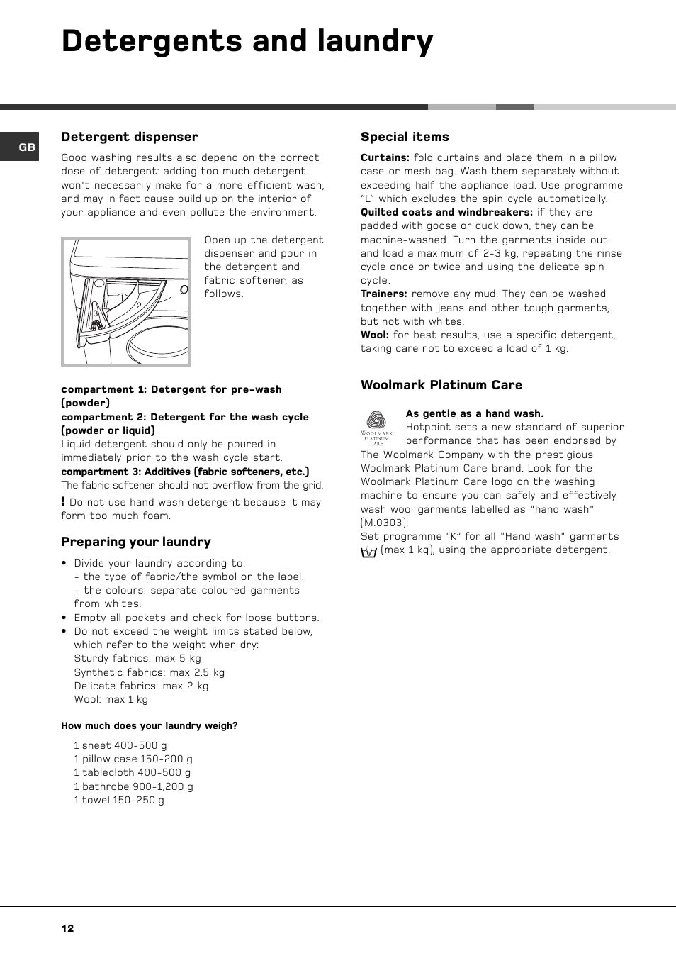 Detergents and laundry, Detergent dispenser, Preparing your laundry | Special items, Woolmark platinum care | Hotpoint BWM 129 User Manual | Page 14 / 20