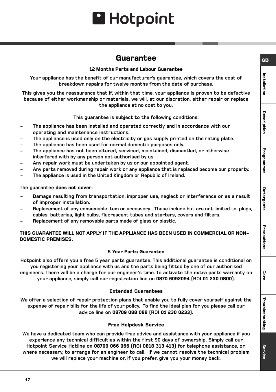 Guarantee | Hotpoint BWM 129 User Manual | Page 19 / 20