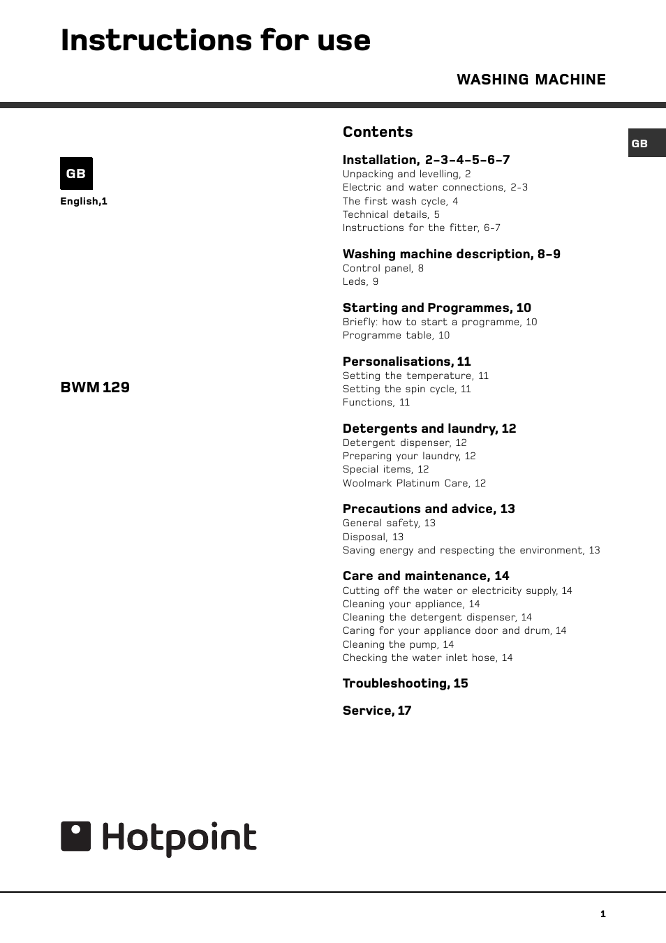 Hotpoint BWM 129 User Manual | Page 3 / 20