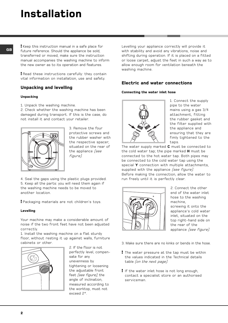 Installation, Unpacking and levelling, Electric and water connections | Hotpoint BWM 129 User Manual | Page 4 / 20