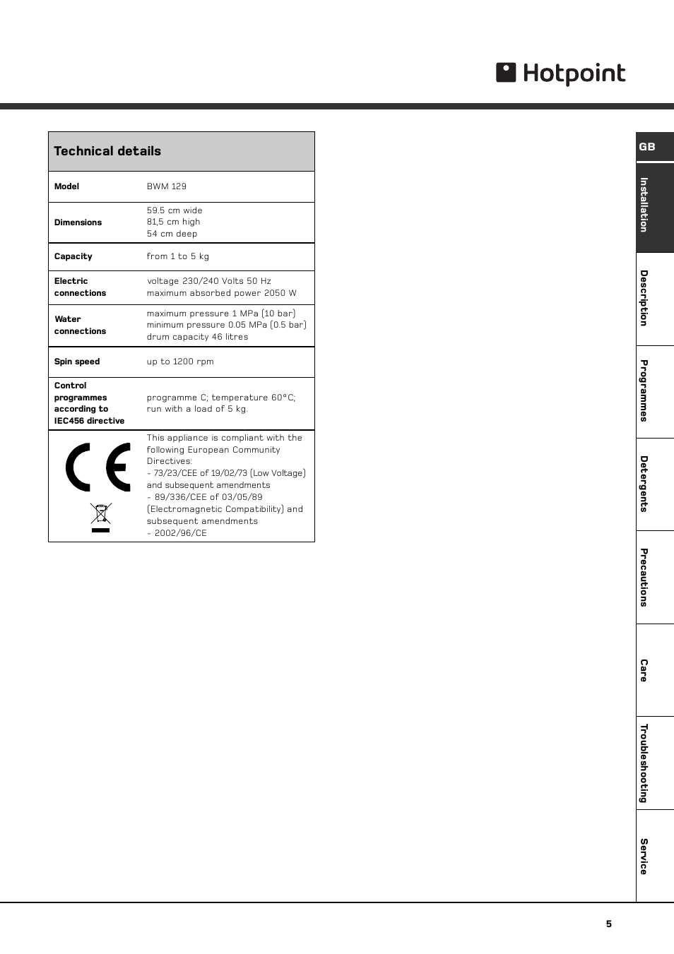 Technical details | Hotpoint BWM 129 User Manual | Page 7 / 20