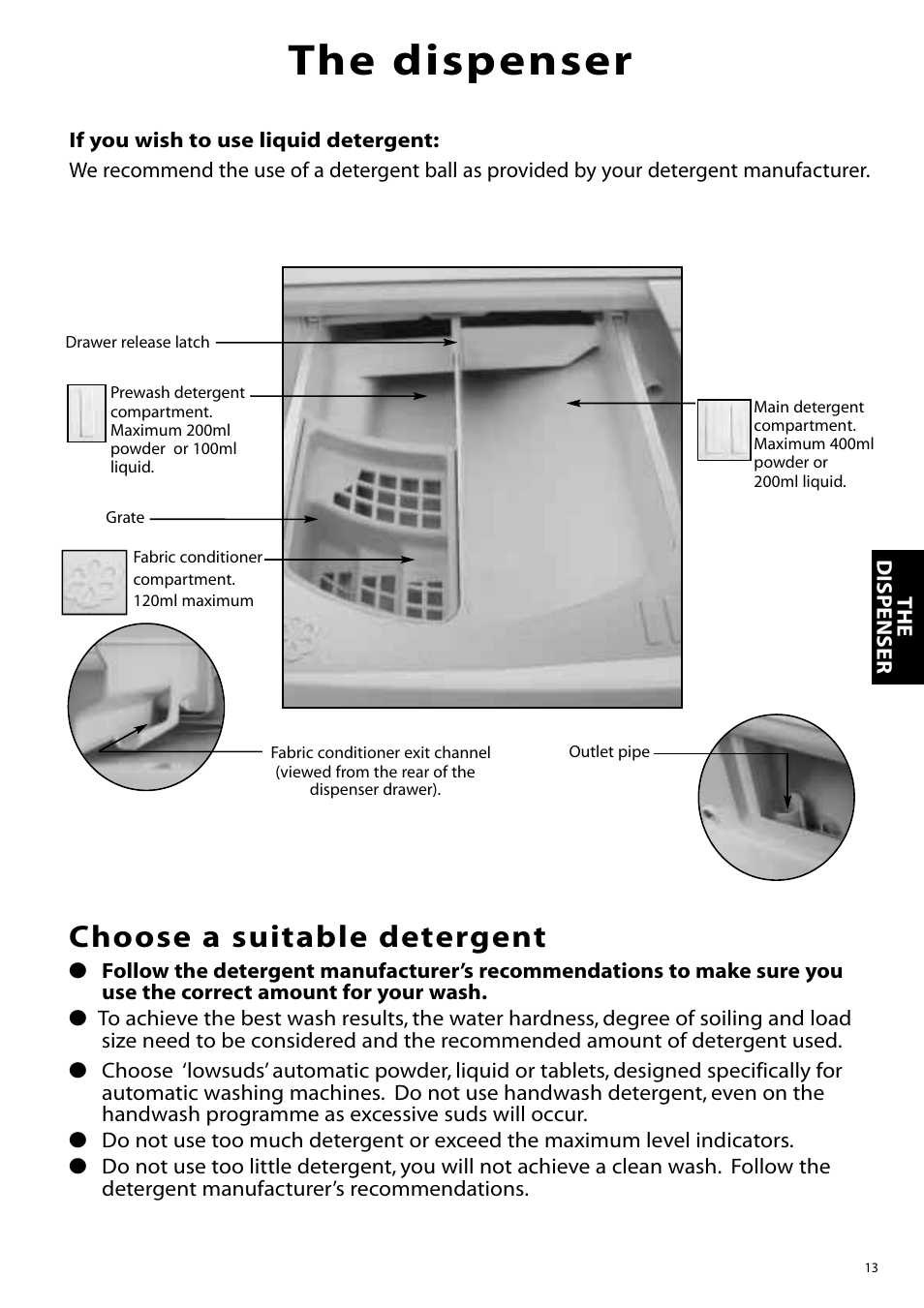 The dispenser, Choose a suitable detergent | Hotpoint WF860 User Manual | Page 13 / 28