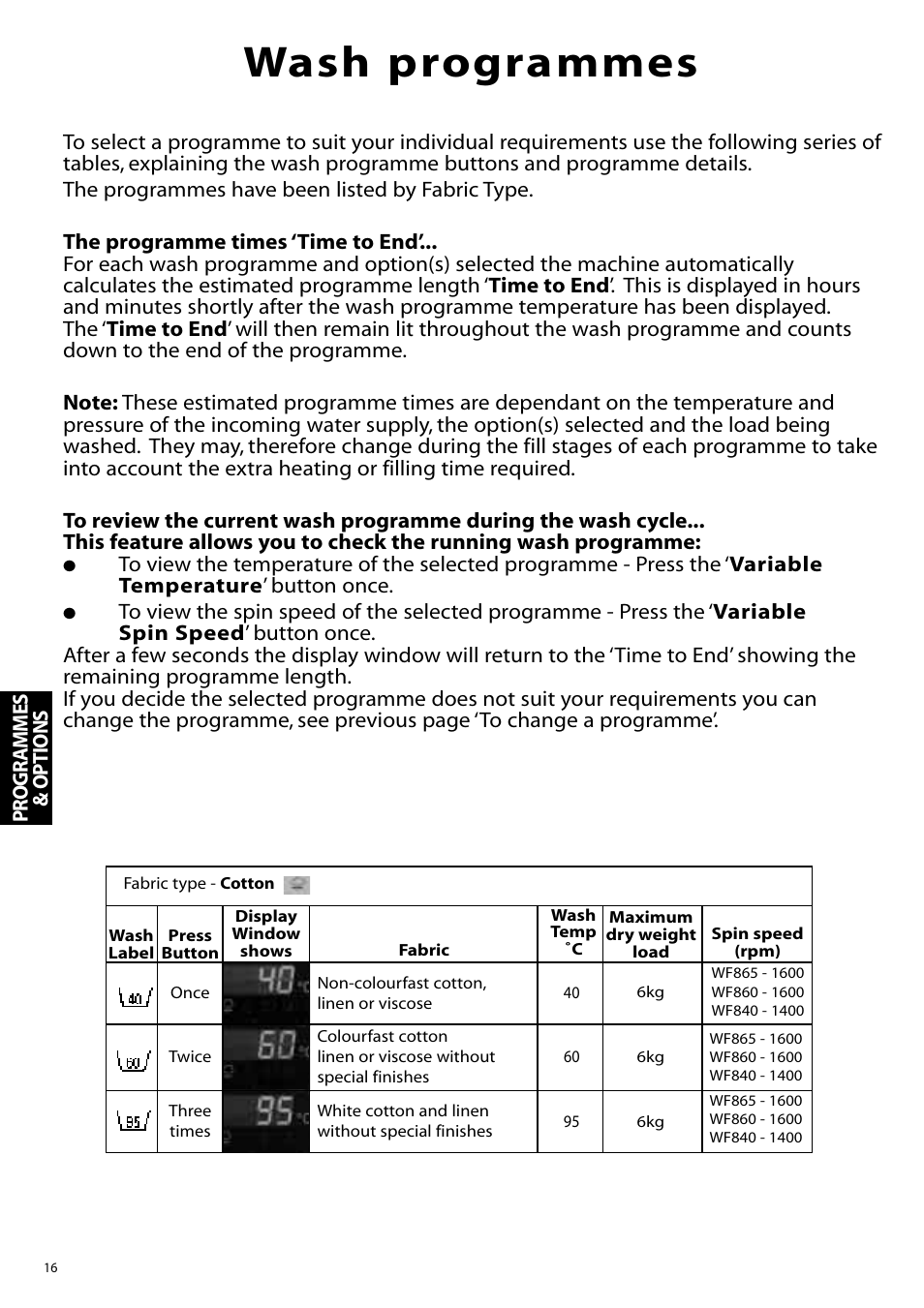 Wash programmes, Progr ammes & options | Hotpoint WF860 User Manual | Page 16 / 28