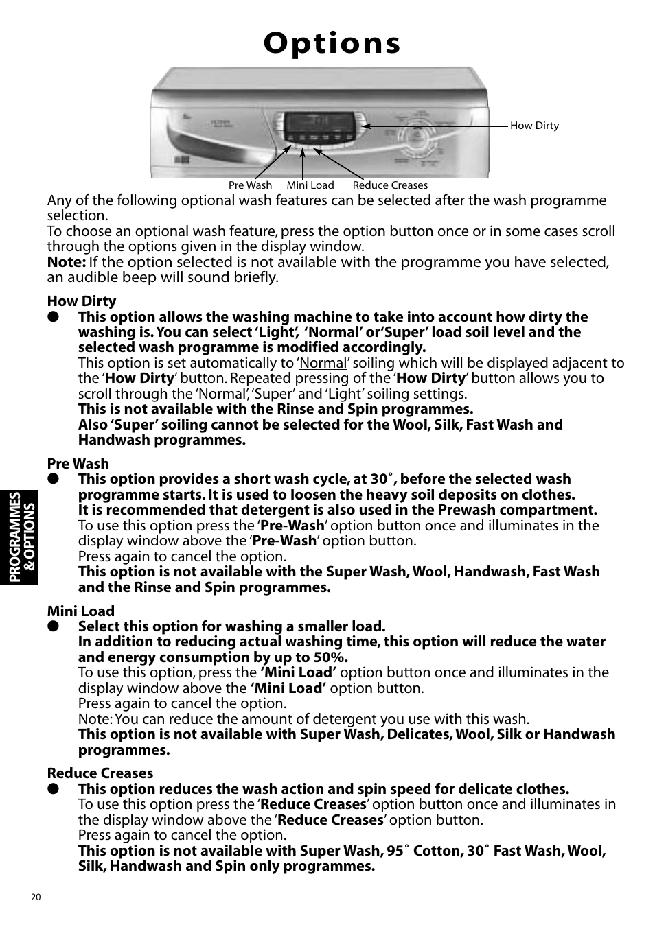 Options | Hotpoint WF860 User Manual | Page 20 / 28