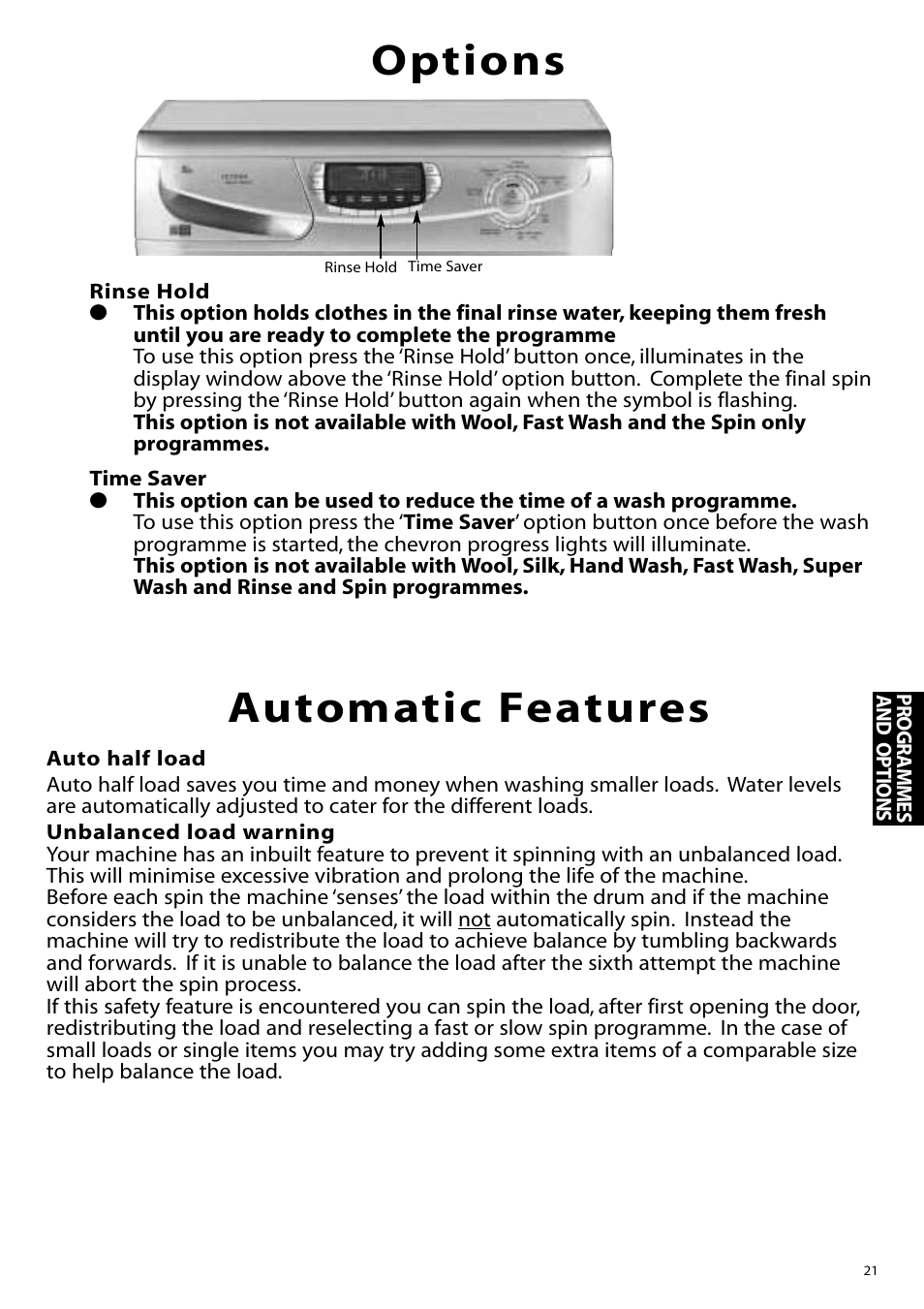 Options, Automatic features | Hotpoint WF860 User Manual | Page 21 / 28