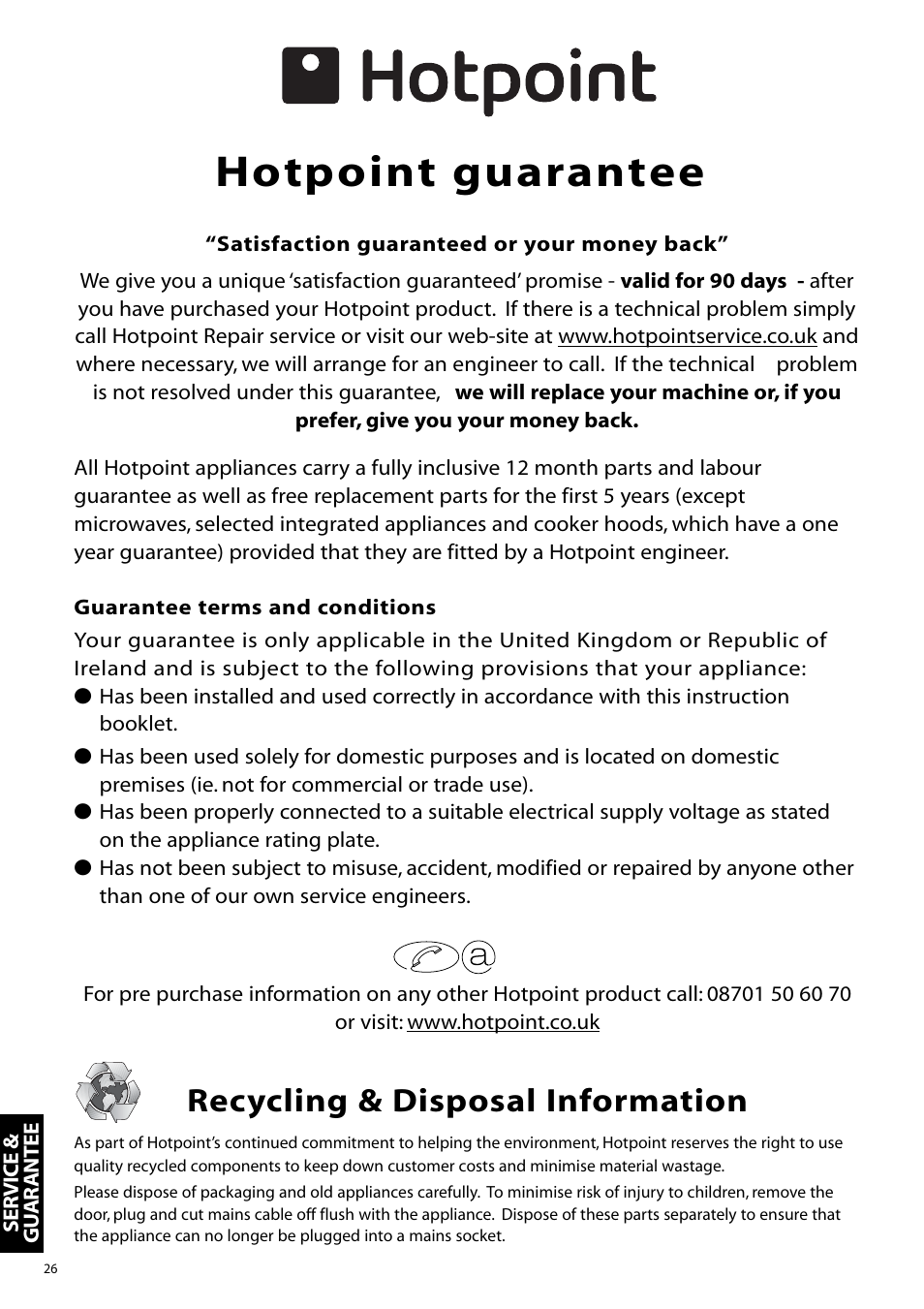 Hotpoint guarantee, Recycling & disposal information | Hotpoint WF860 User Manual | Page 26 / 28