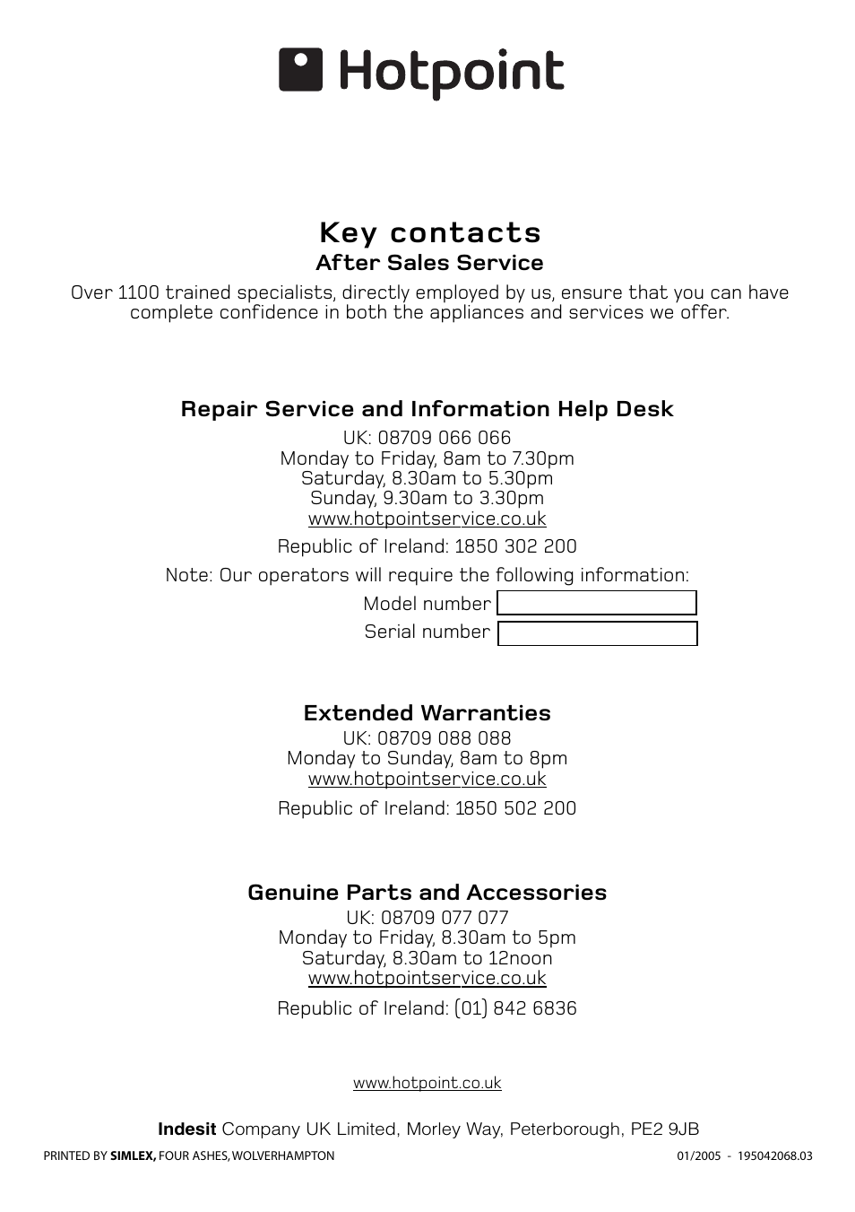 Key contacts | Hotpoint WF860 User Manual | Page 28 / 28