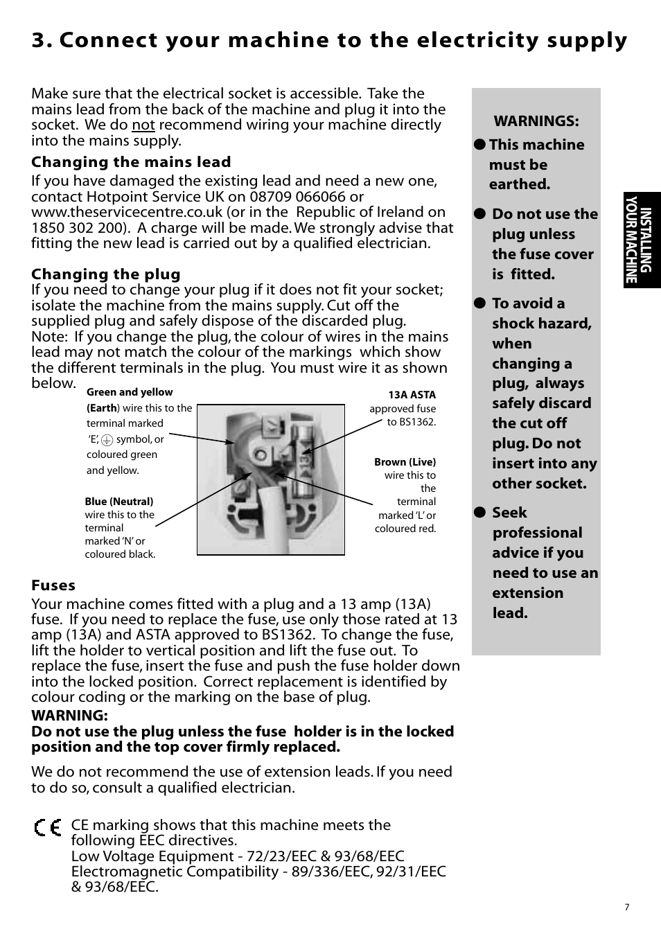 Connect your machine to the electricity supply | Hotpoint WF860 User Manual | Page 7 / 28