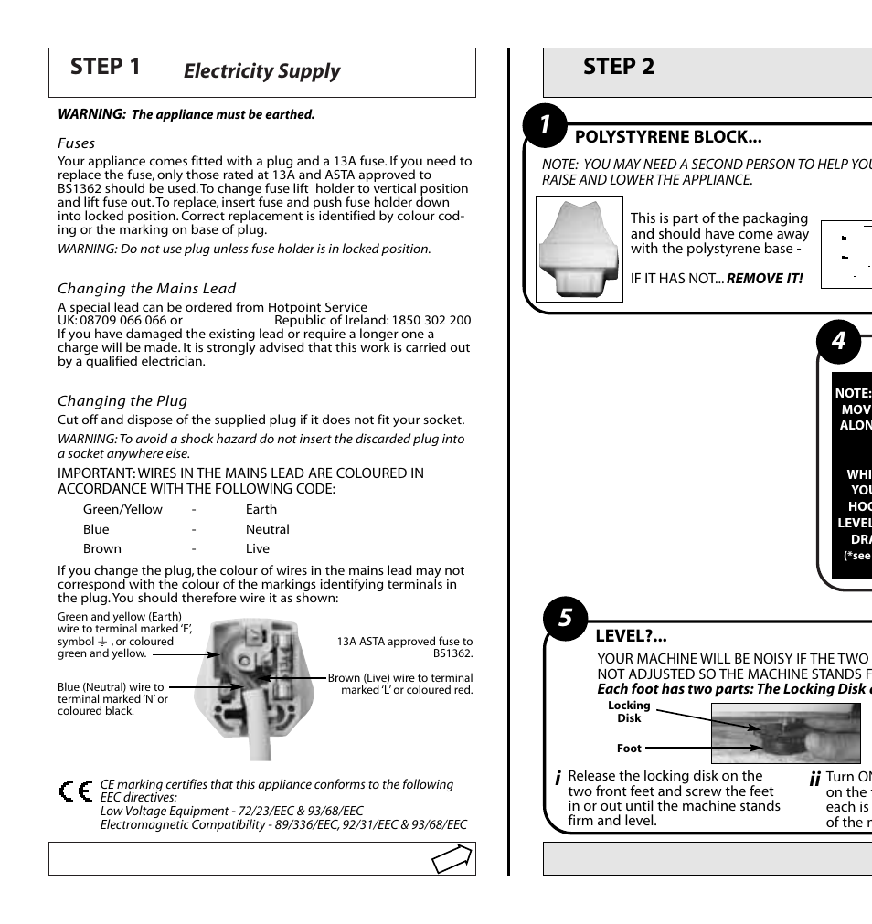 Step 1, Step 2, Electricity supply | Ii i | Hotpoint WD64 User Manual | Page 2 / 12