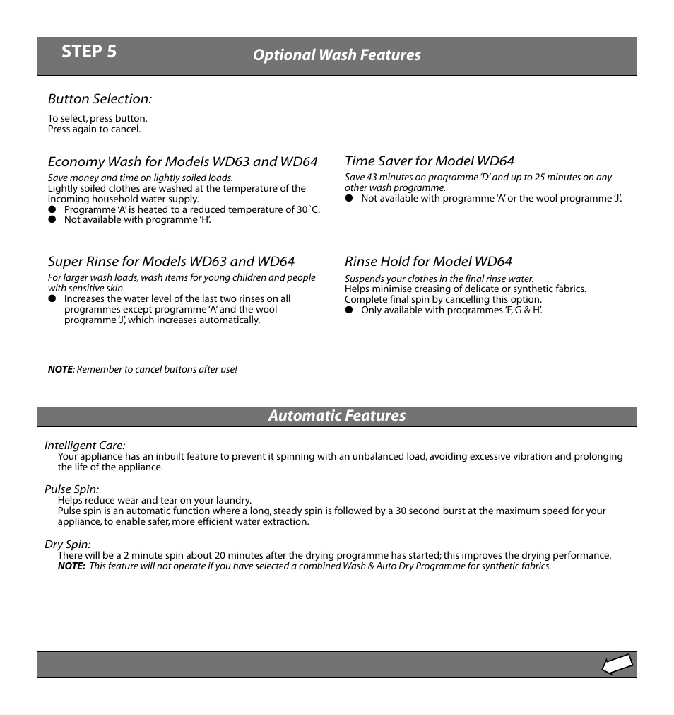 Step 5, Optional wash features automatic features | Hotpoint WD64 User Manual | Page 6 / 12