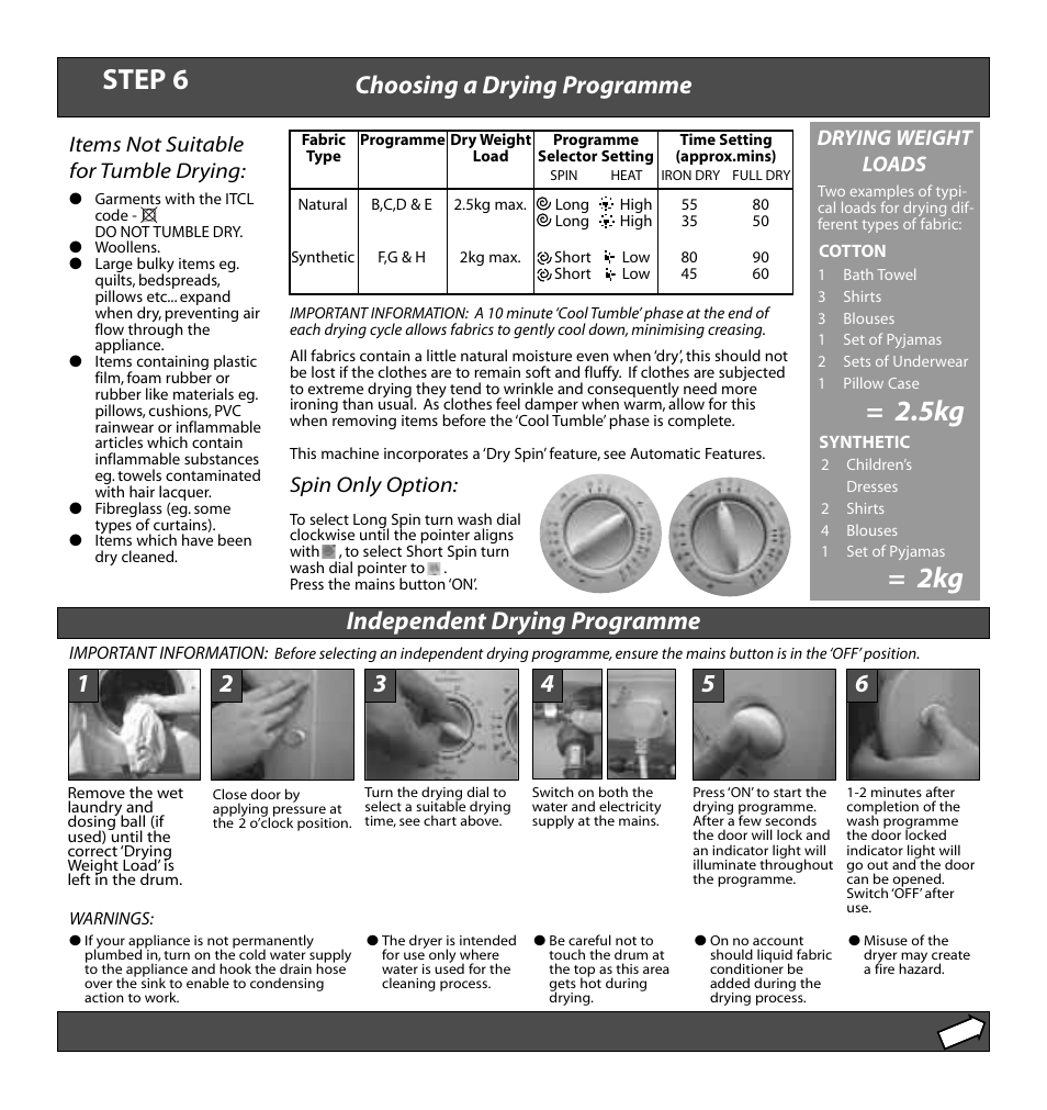 Step 6, Drying weight loads | Hotpoint WD64 User Manual | Page 7 / 12