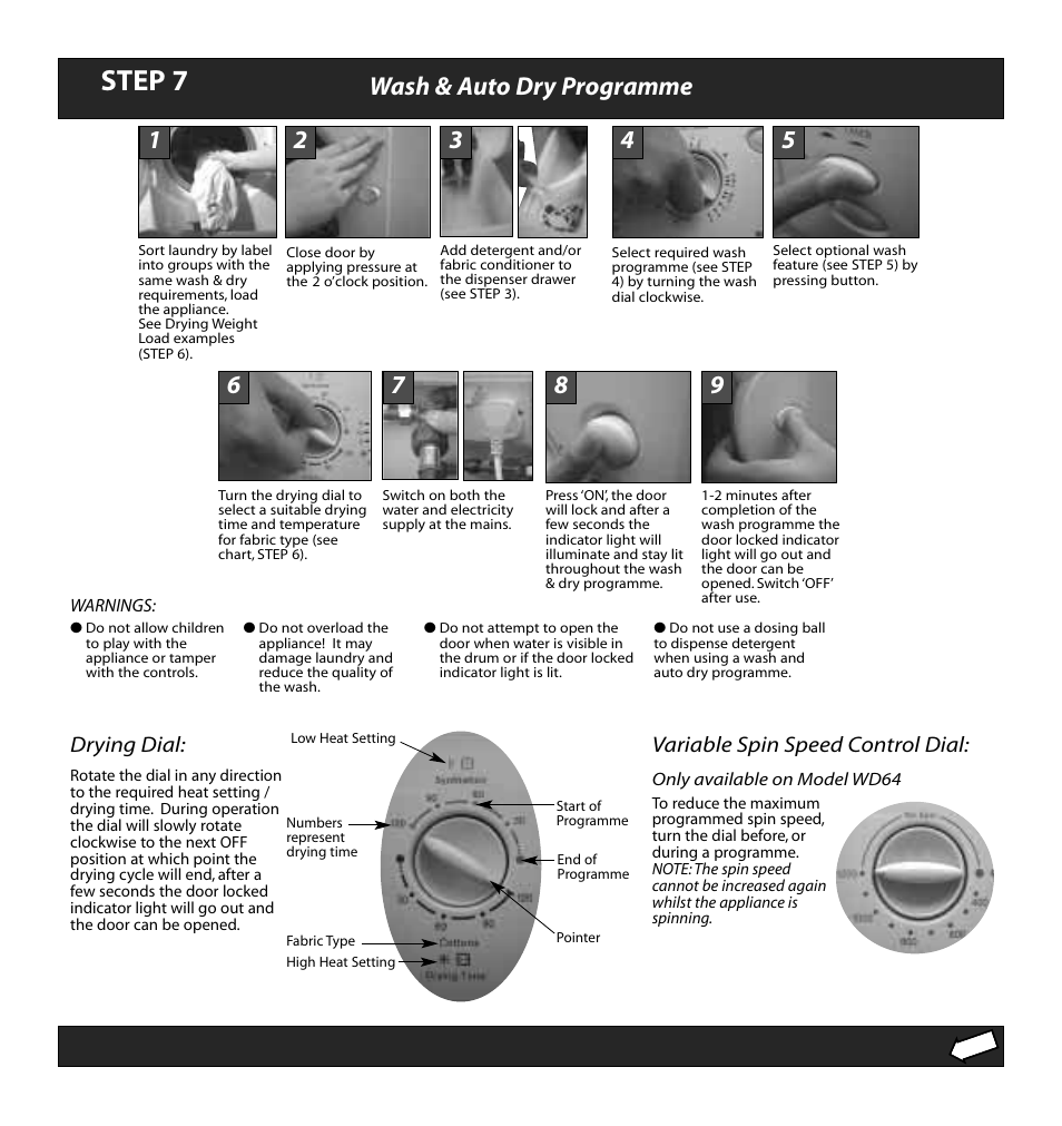 Step 7, Wash & auto dry programme | Hotpoint WD64 User Manual | Page 8 / 12