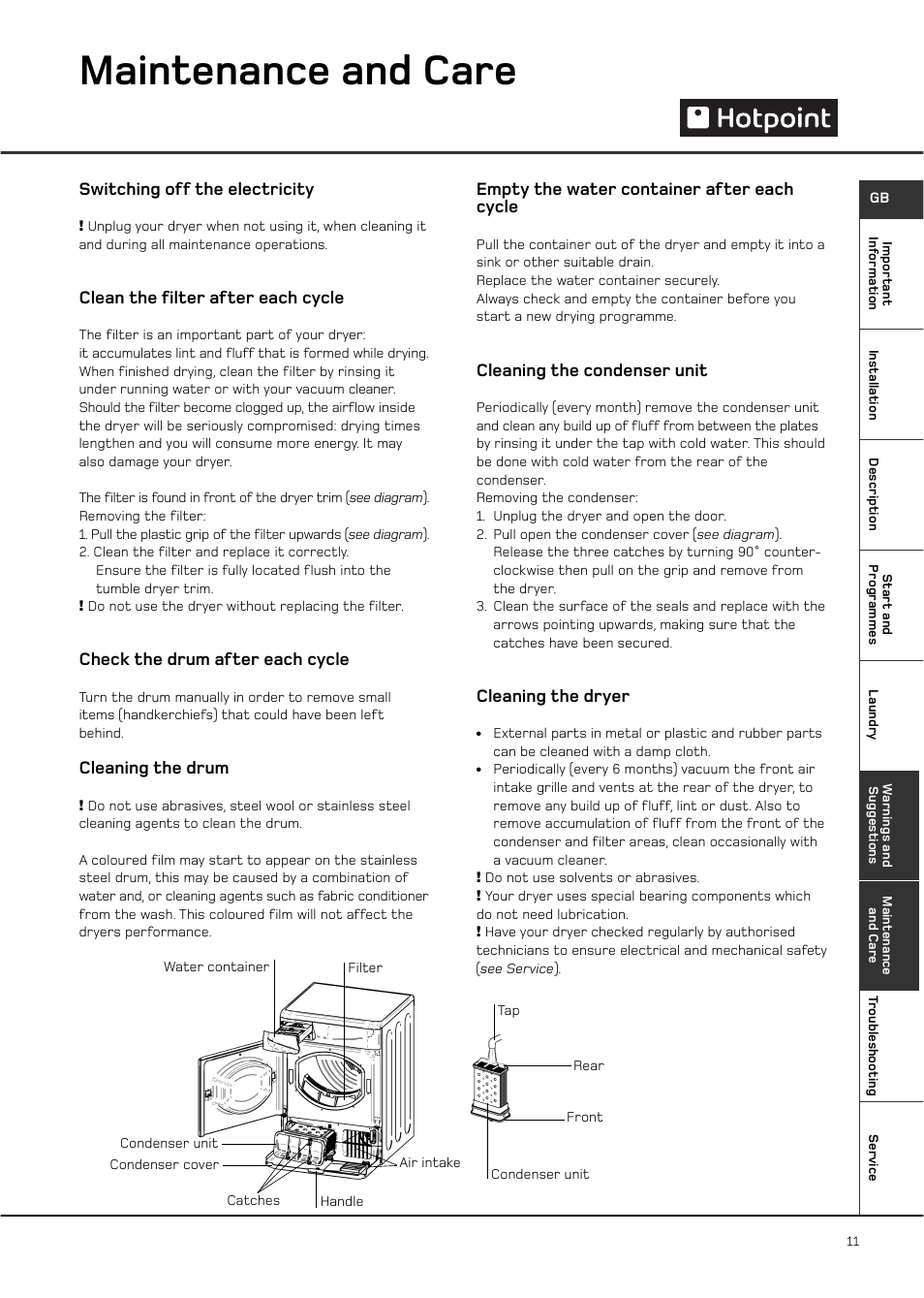 Maintenance and care | Hotpoint CTD00 User Manual | Page 11 / 16