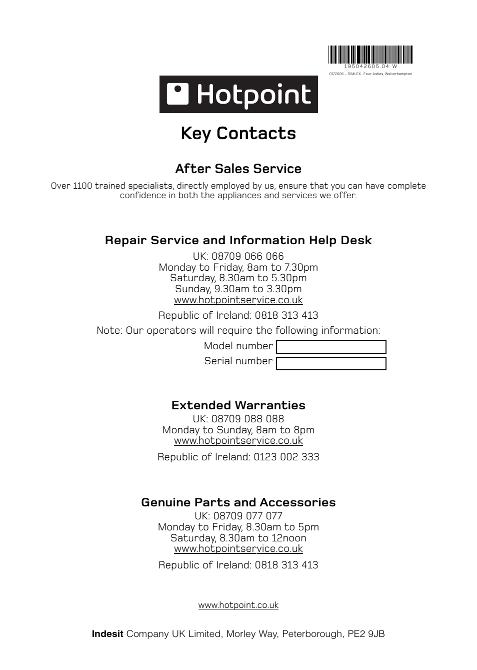 Key contacts, After sales service | Hotpoint CTD00 User Manual | Page 16 / 16