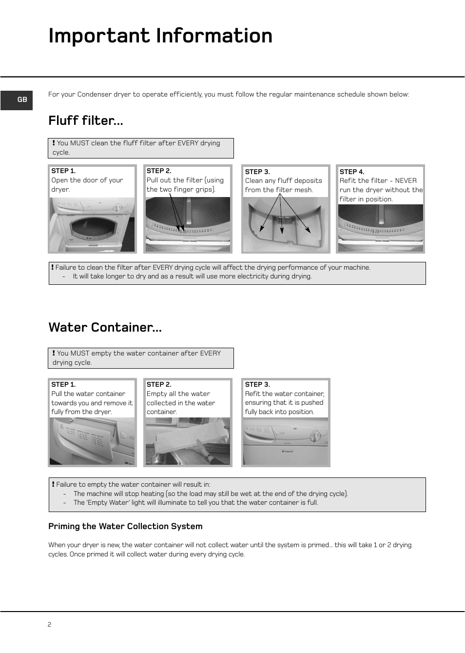 Important information, Fluff filter, Water container | Hotpoint CTD00 User Manual | Page 2 / 16