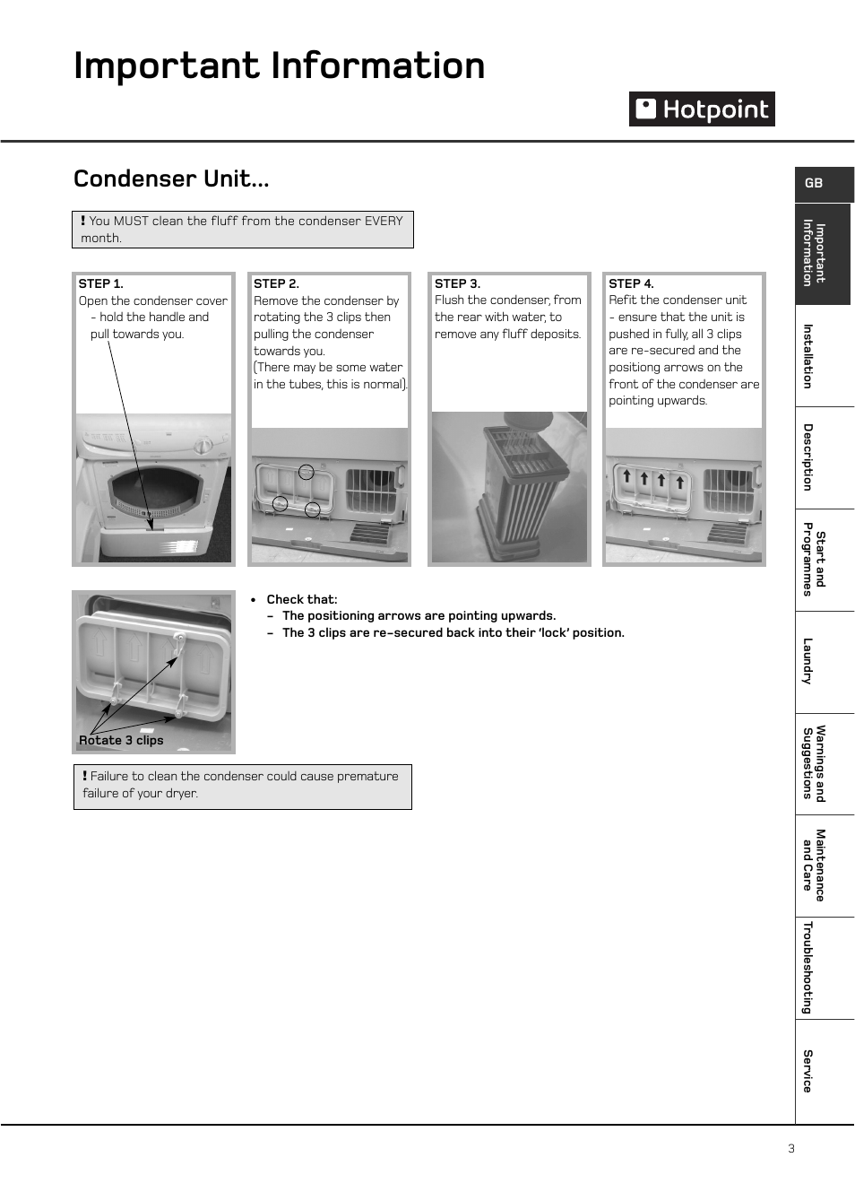 Important information, Condenser unit | Hotpoint CTD00 User Manual | Page 3 / 16