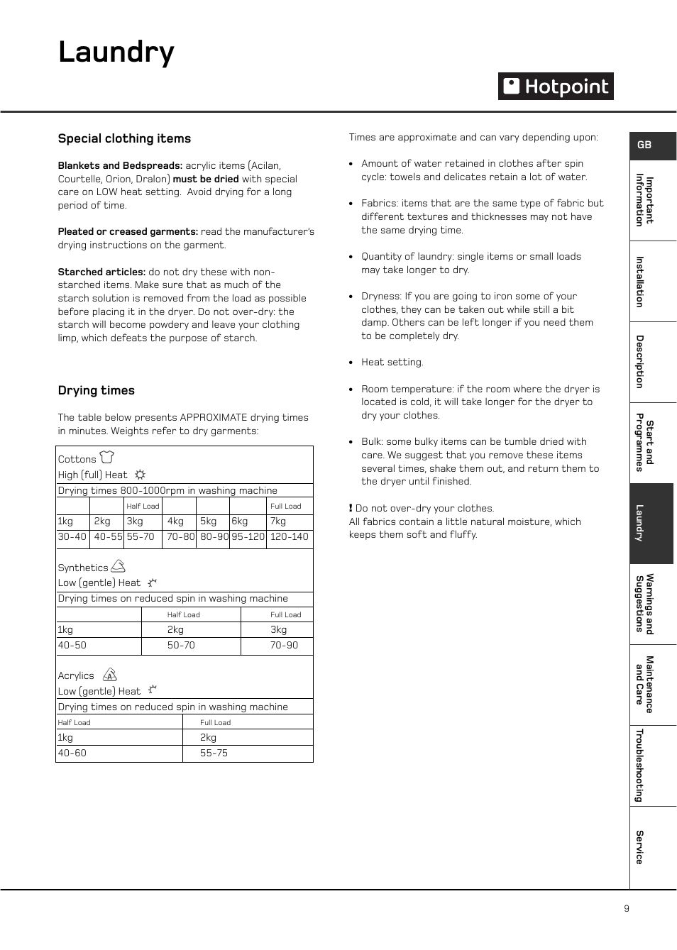 Laundry, Special clothing items, Drying times | Hotpoint CTD00 User Manual | Page 9 / 16