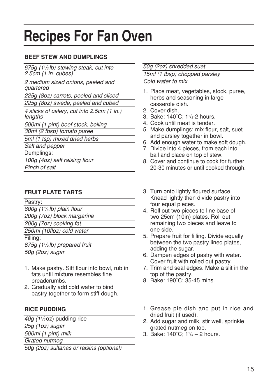 Recipes for fan oven | Hotpoint EG21 User Manual | Page 15 / 32