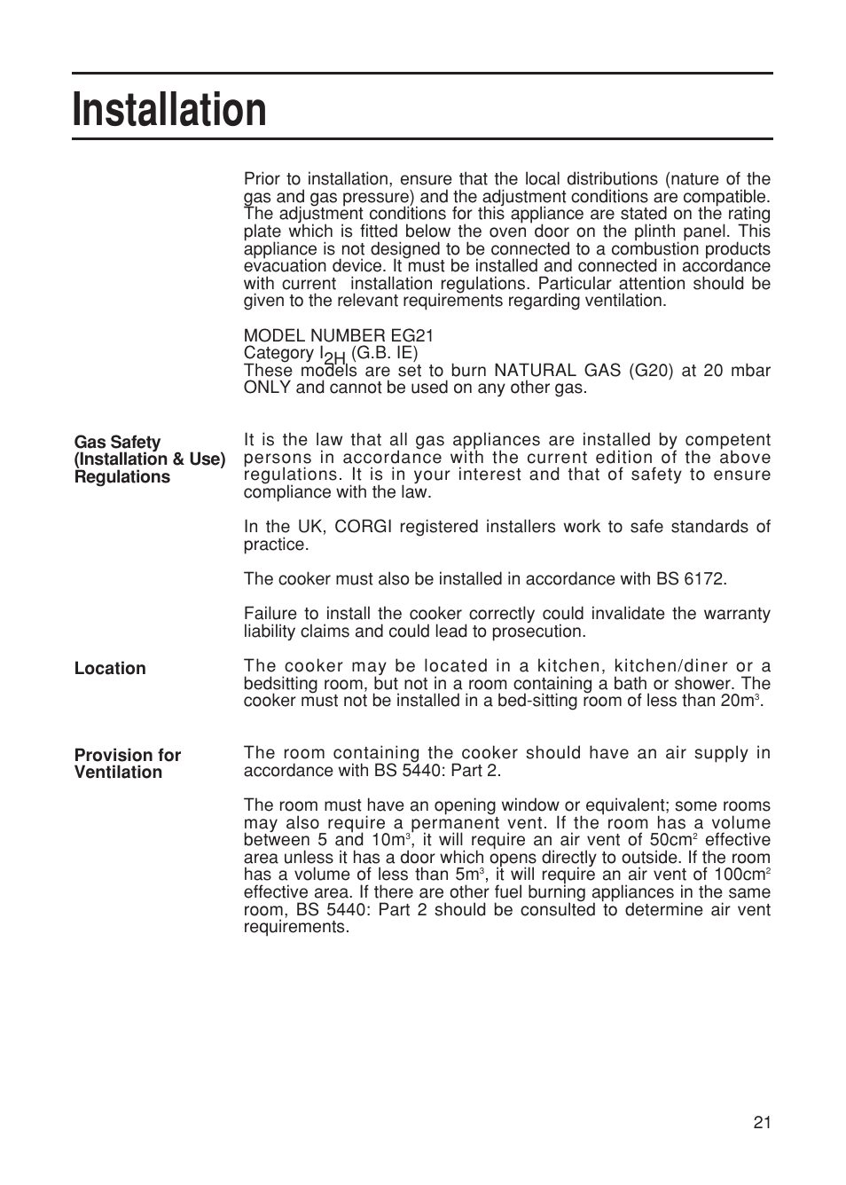 Installation | Hotpoint EG21 User Manual | Page 21 / 32