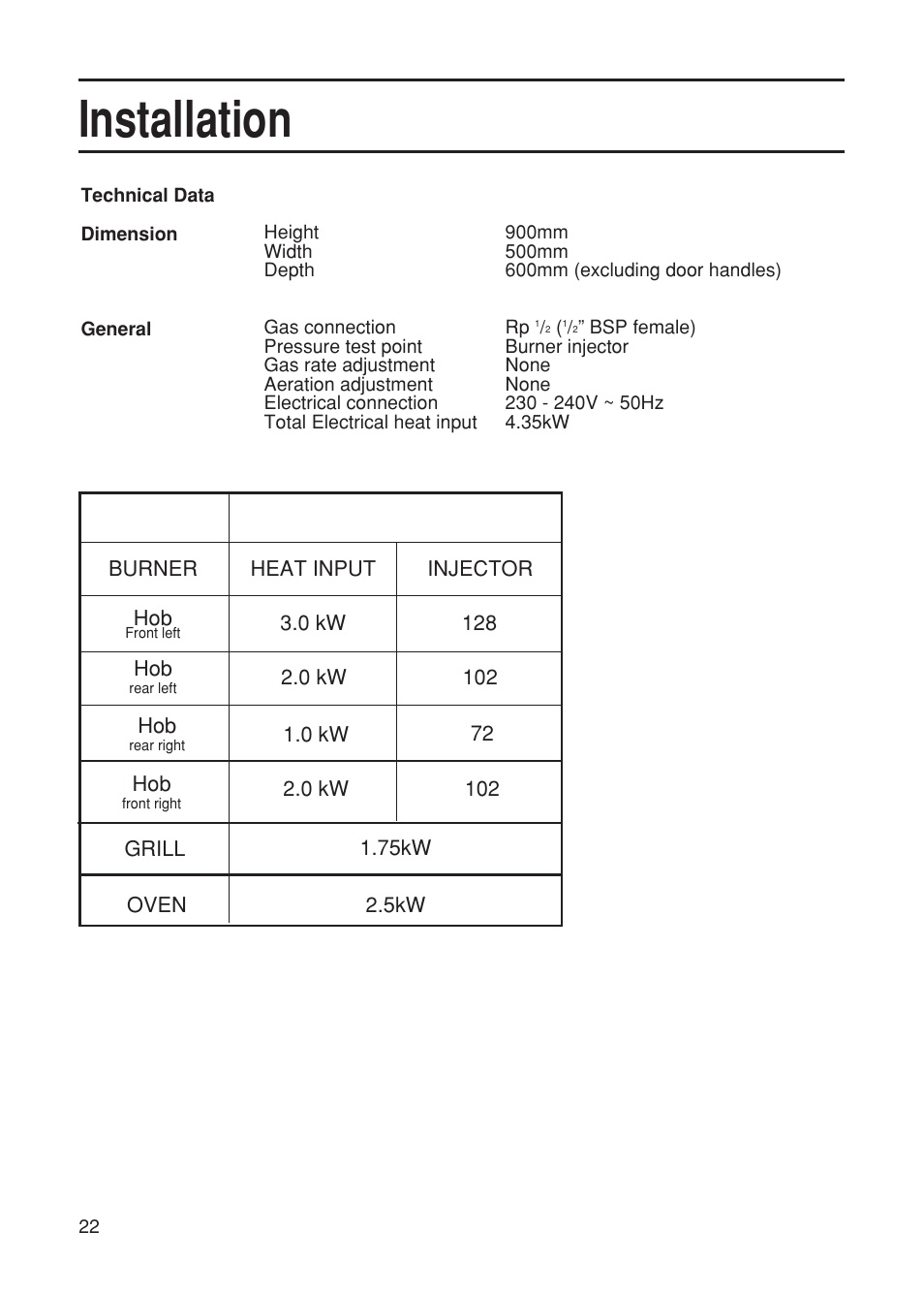 Installation | Hotpoint EG21 User Manual | Page 22 / 32