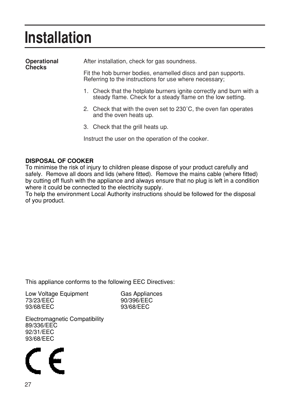 Installation | Hotpoint EG21 User Manual | Page 27 / 32