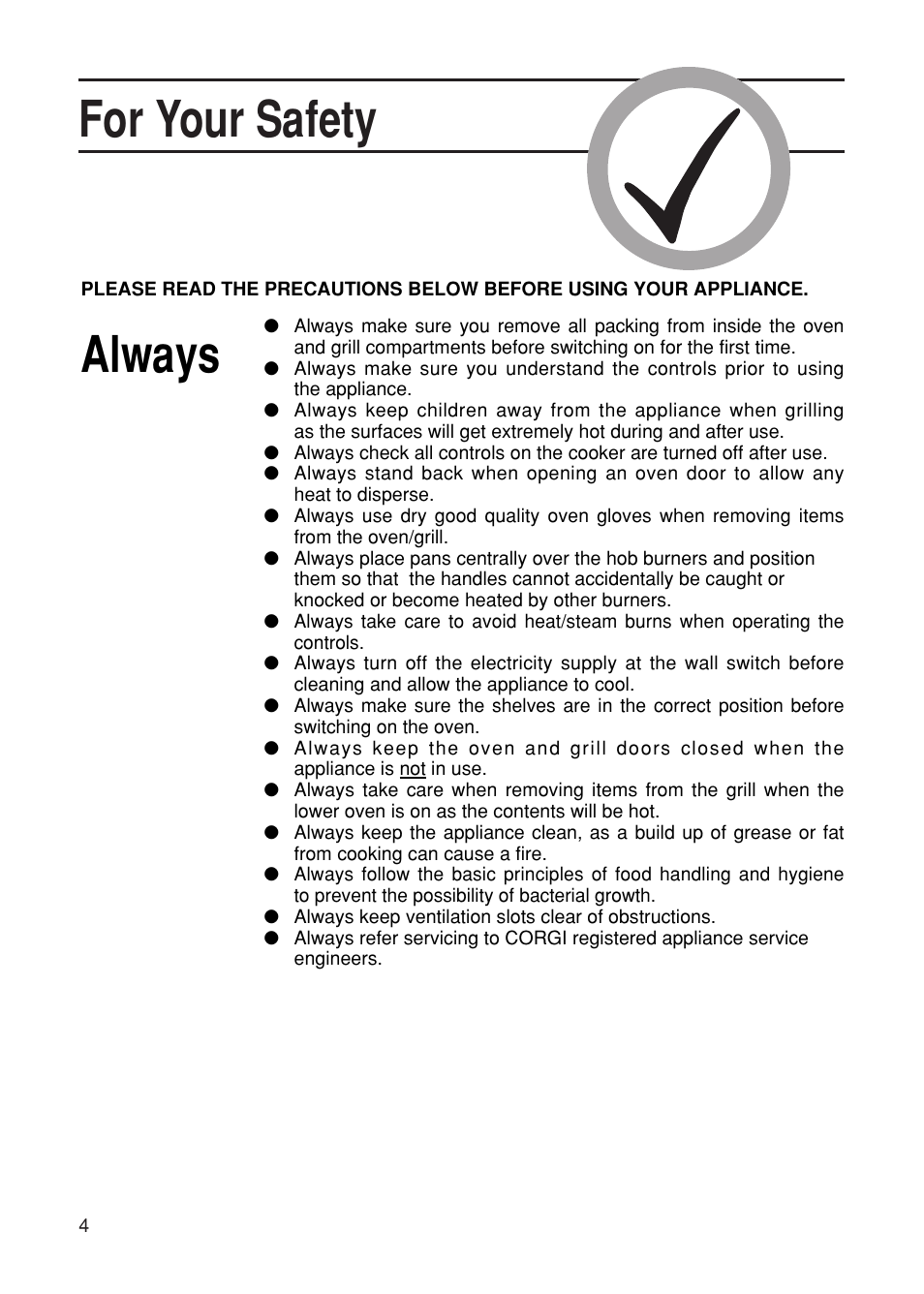 For your safety, Always | Hotpoint EG21 User Manual | Page 4 / 32