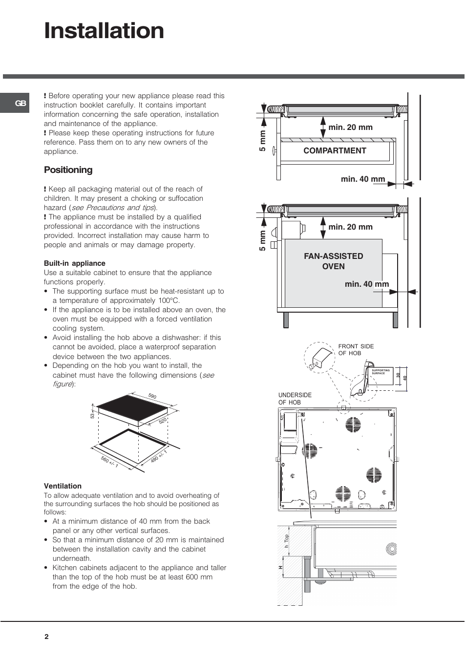 Installation, Positioning | Hotpoint CIC 642 C User Manual | Page 2 / 16