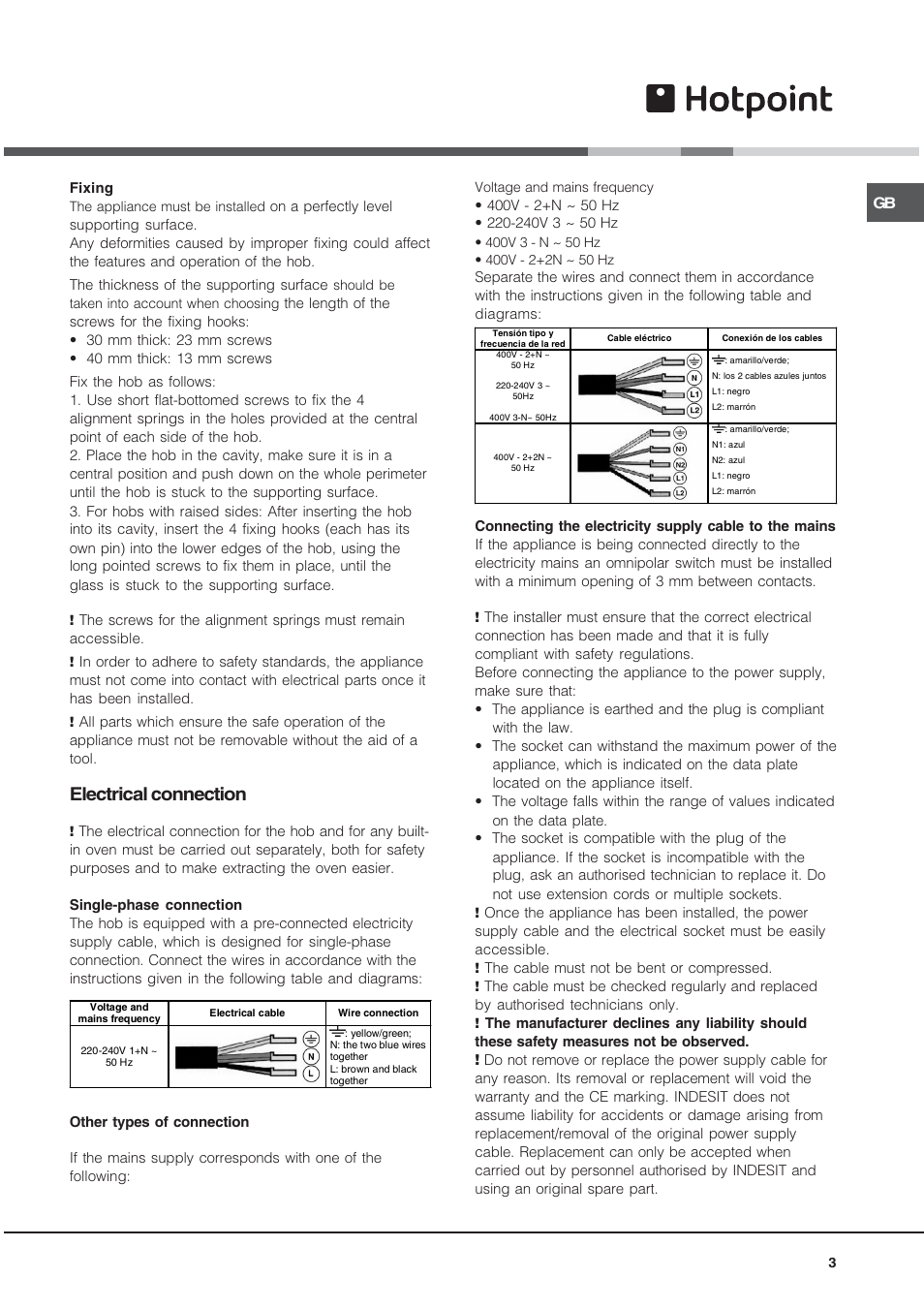 Electrical connection | Hotpoint CIC 642 C User Manual | Page 3 / 16