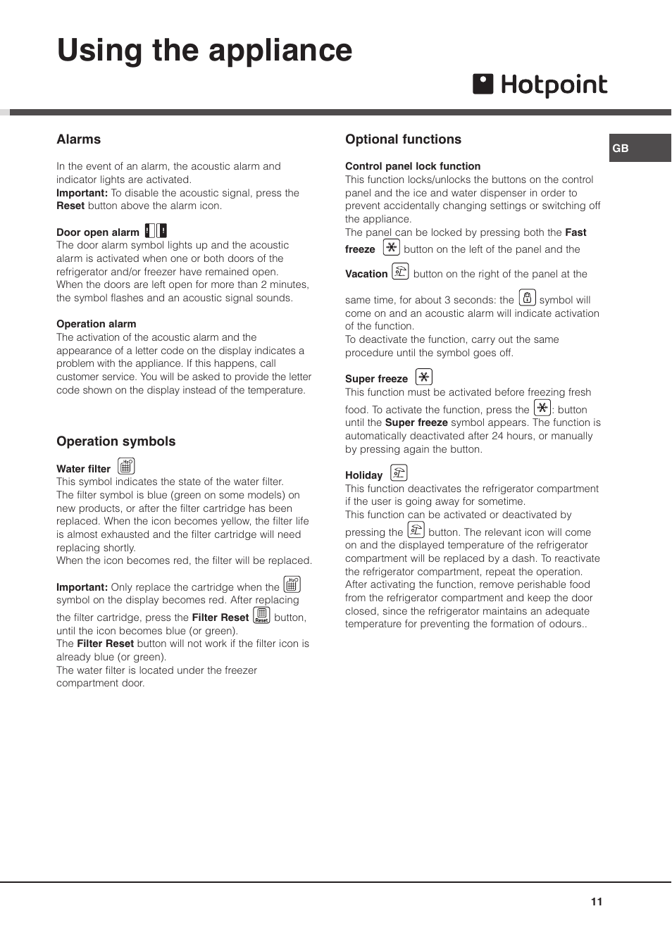 Using the appliance | Hotpoint MSZ User Manual | Page 11 / 24