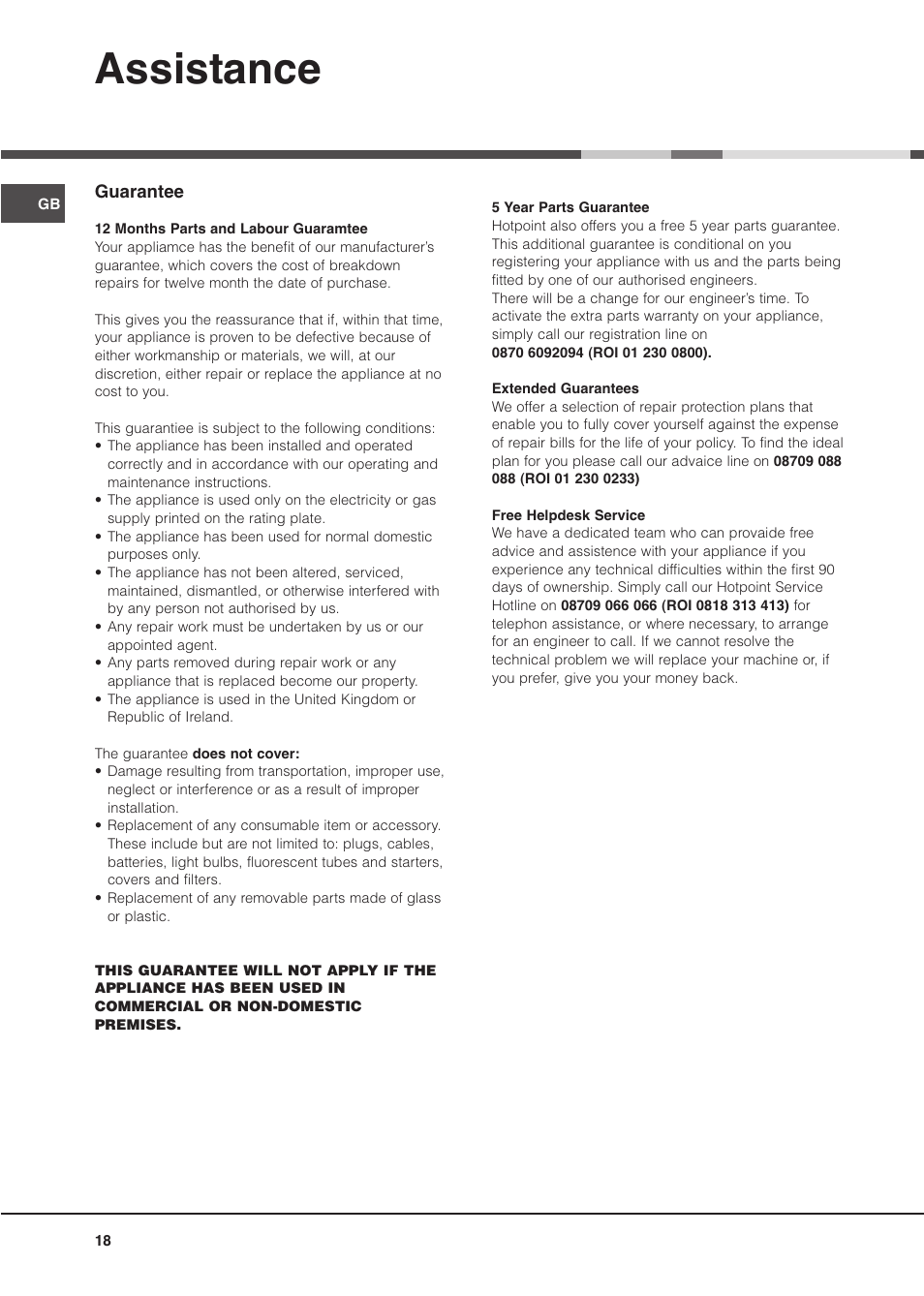 Assistance, Guarantee | Hotpoint MSZ User Manual | Page 18 / 24