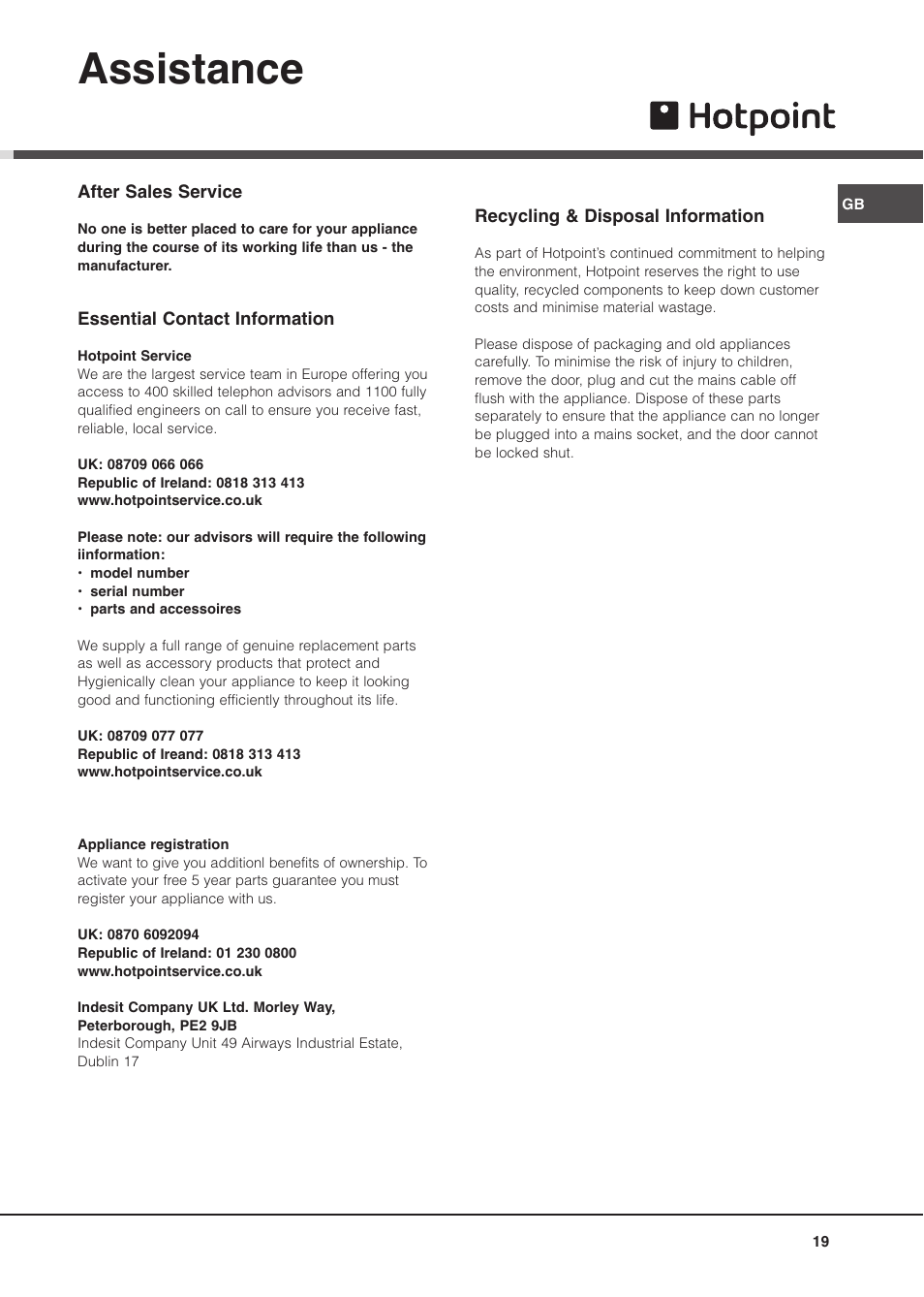 Assistance | Hotpoint MSZ User Manual | Page 19 / 24