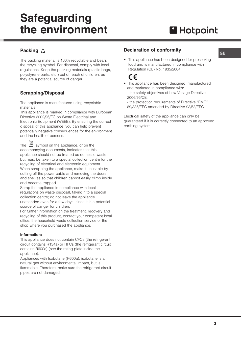 Safeguarding the environment | Hotpoint MSZ User Manual | Page 3 / 24