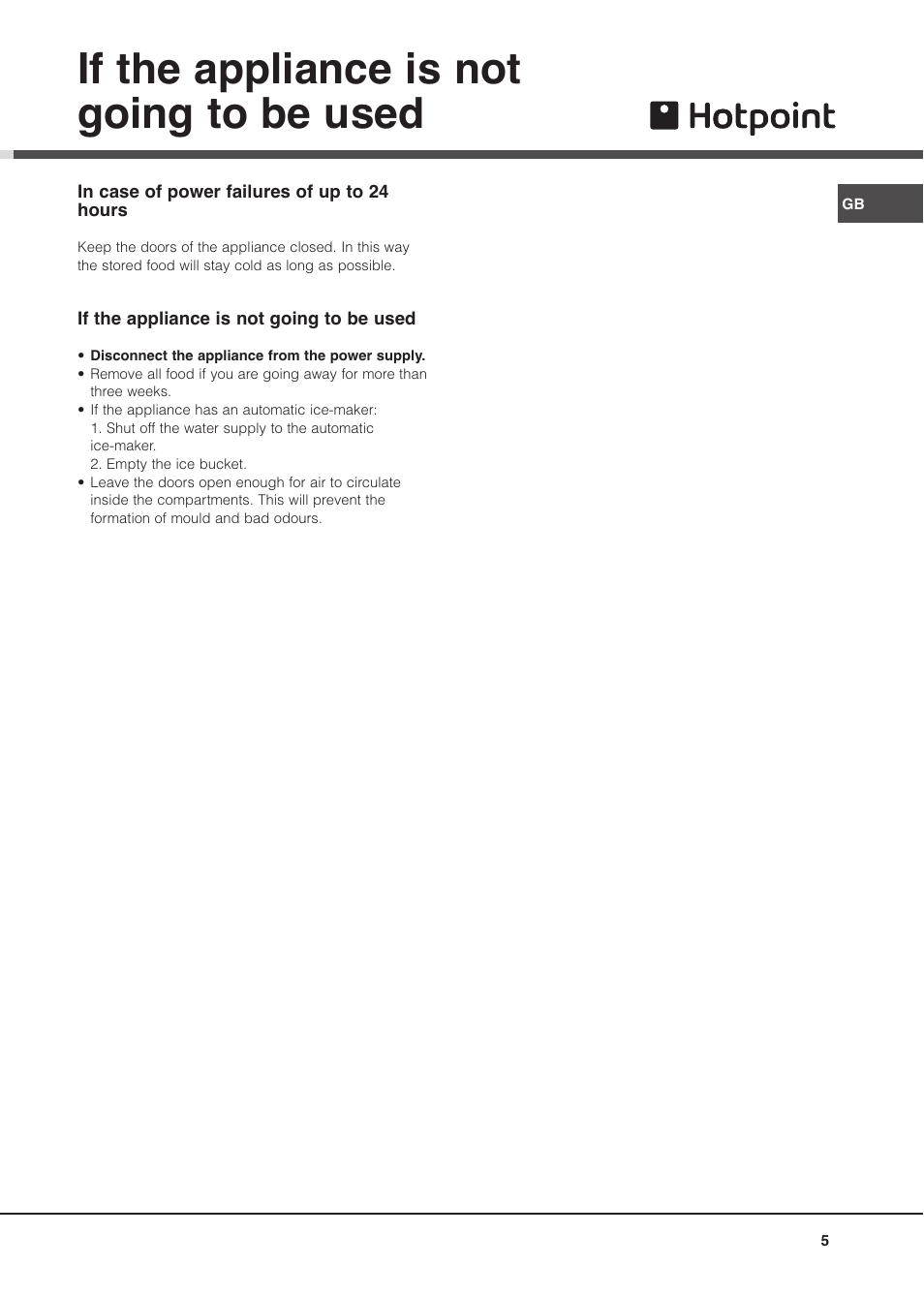 If the appliance is not going to be used | Hotpoint MSZ User Manual | Page 5 / 24
