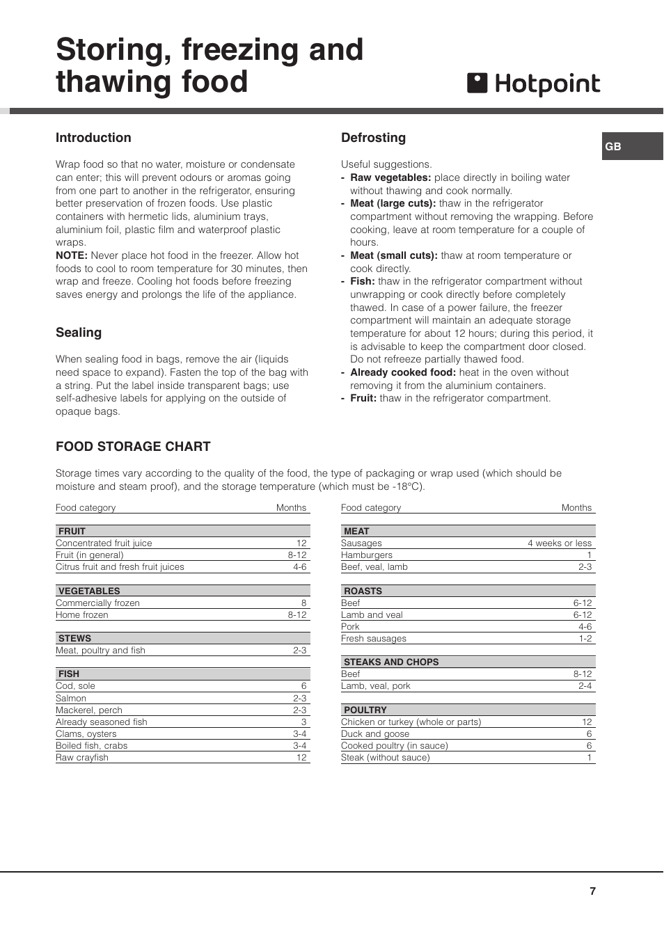 Storing, freezing and thawing food, Introduction, Sealing | Defrosting, Food storage chart | Hotpoint MSZ User Manual | Page 7 / 24