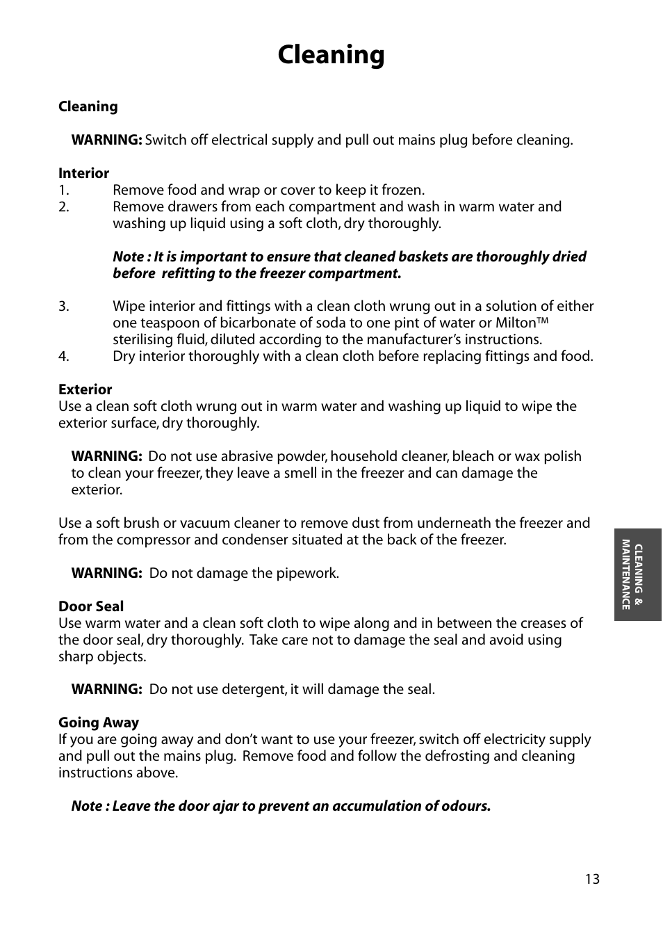 Cleaning | Hotpoint RZA36 User Manual | Page 13 / 20