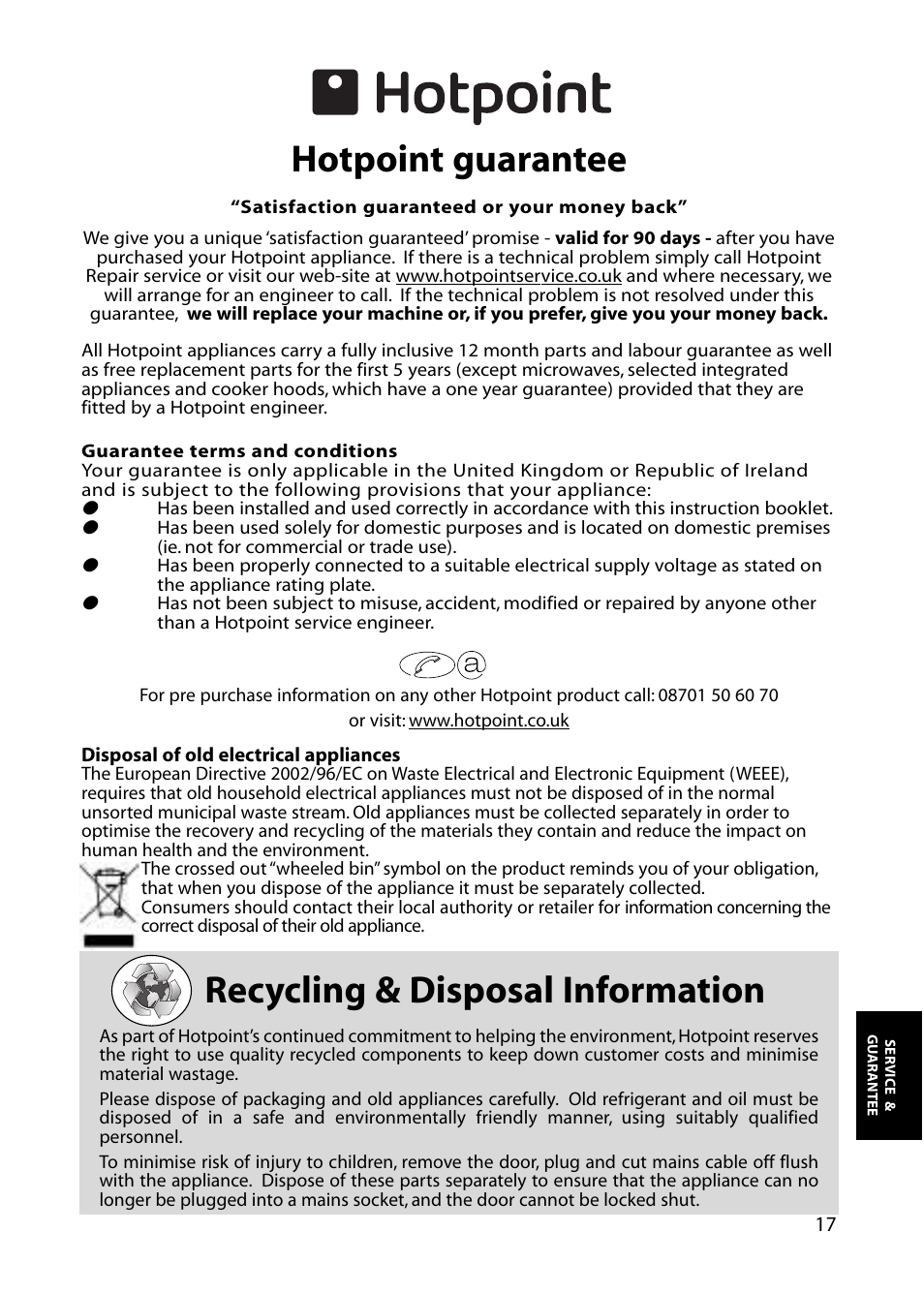 Recycling & disposal information, Hotpoint guarantee | Hotpoint RZA36 User Manual | Page 17 / 20