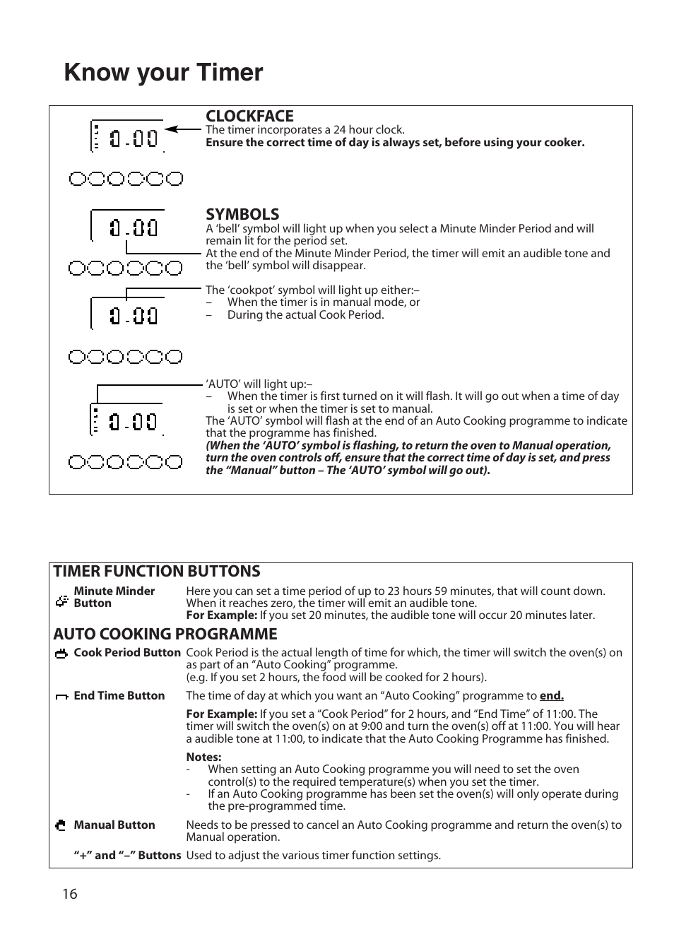 Know your timer, Clockface, Symbols | Timer function buttons auto cooking programme | Hotpoint BD52 BD62 User Manual | Page 16 / 48