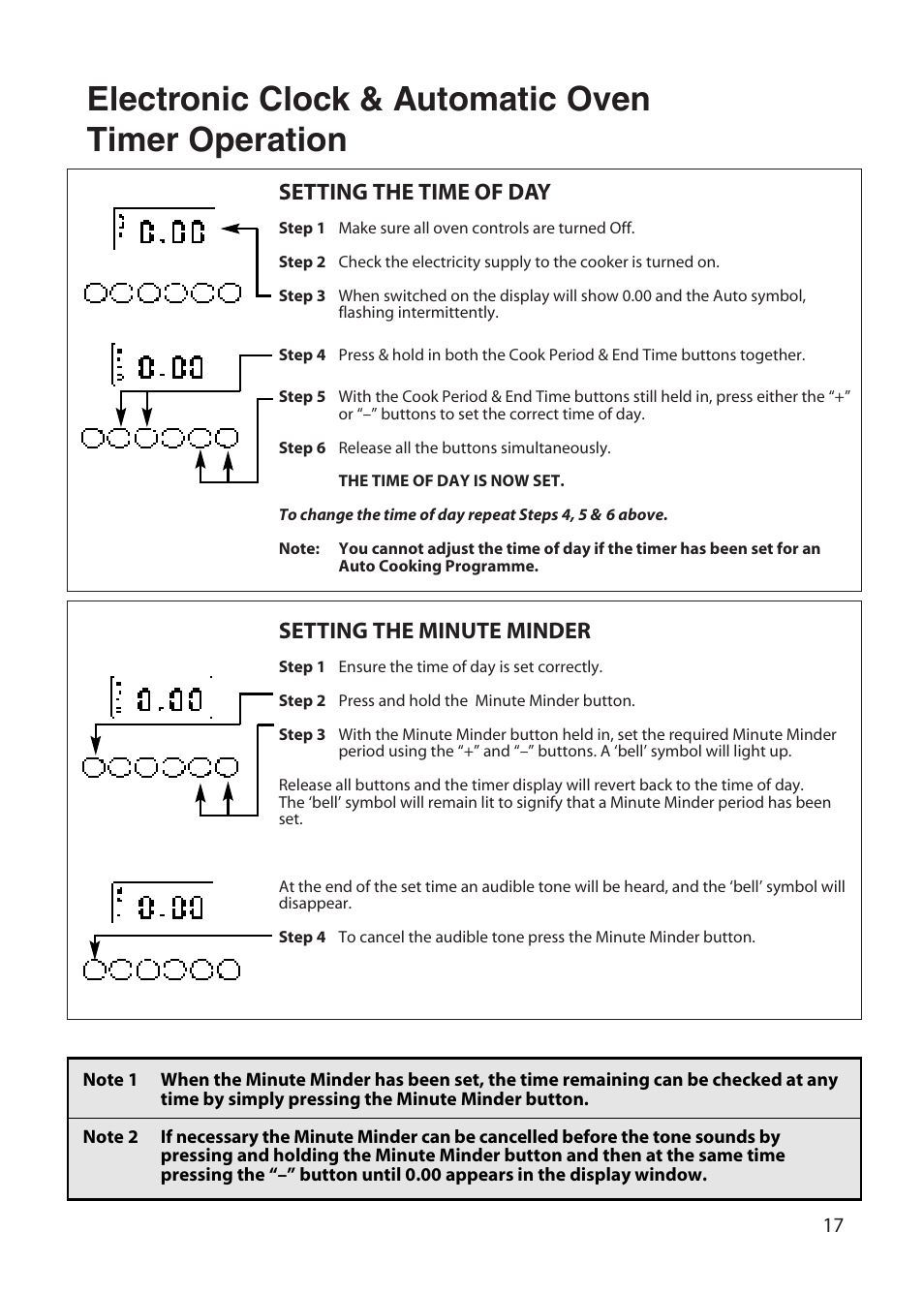 Electronic clock & automatic oven timer operation, Setting the time of day, Setting the minute minder | Hotpoint BD52 BD62 User Manual | Page 17 / 48